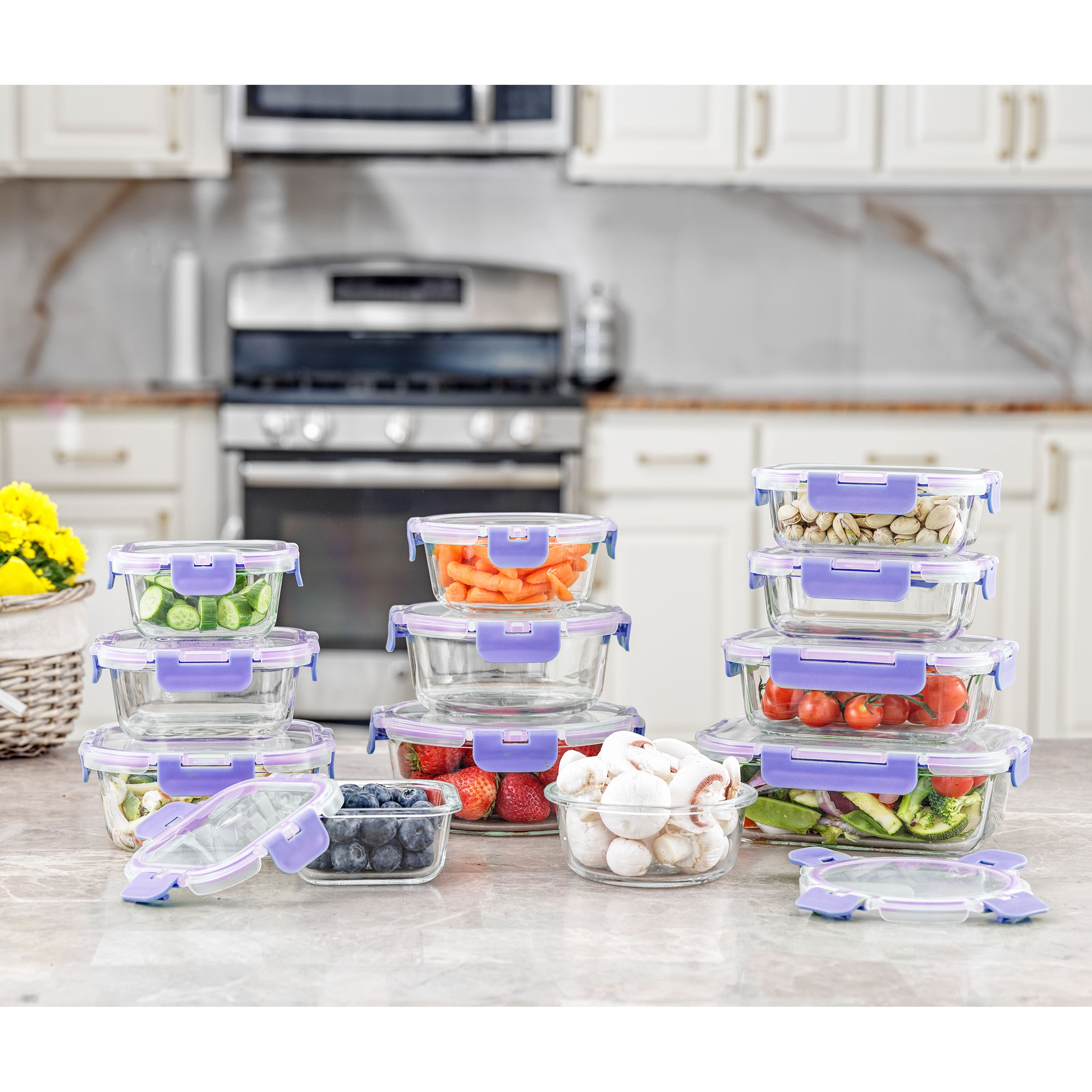 Joyful by JoyJolt&#xAE; 24-Piece Purple Glass Storage Container Set with Leakproof Lids