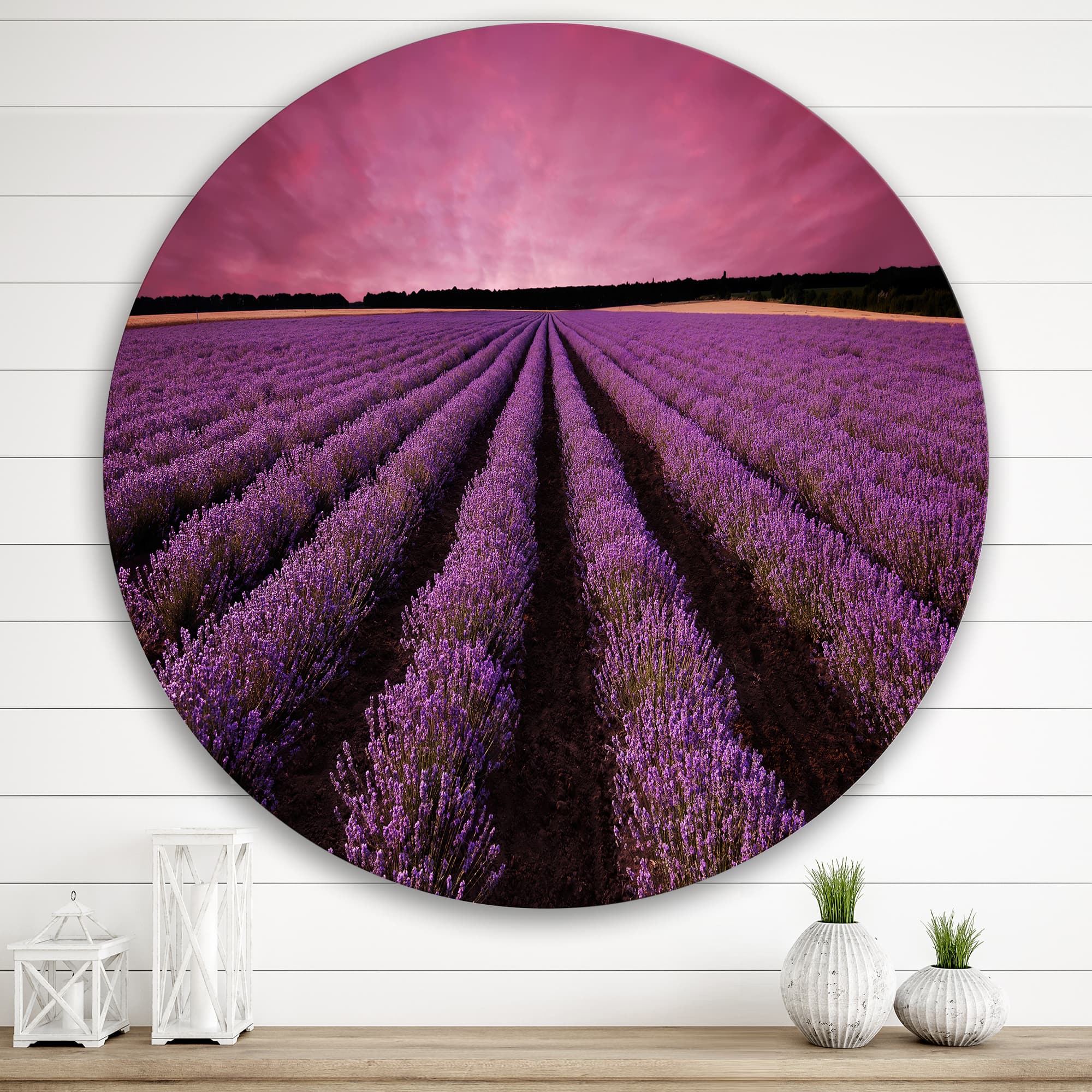 Designart - Sunrise &#x26; Dramatic Clouds Over Lavender Field XI - Farmhouse Metal Circle Wall Art