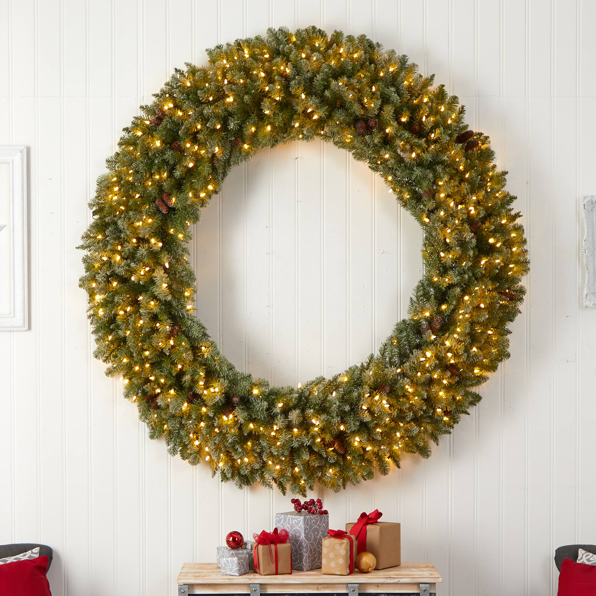 6ft. Clear LED Lights Flocked Artificial Christmas Wreath With Pinecones