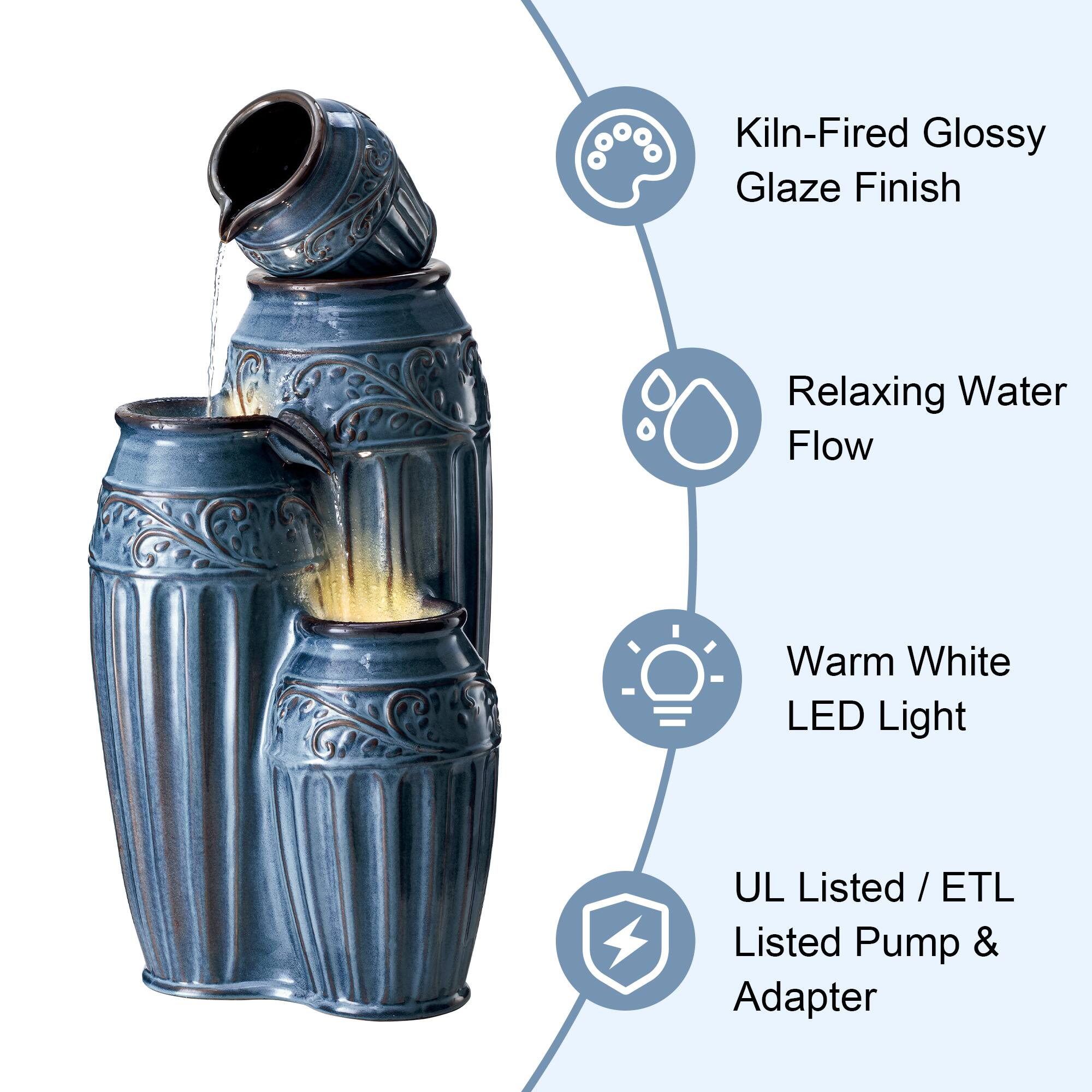 Glitzhome&#xAE; 35.5&#x22; 4-Tier LED Turquoise Embossed Ceramic Pots Outdoor Floor Fountain