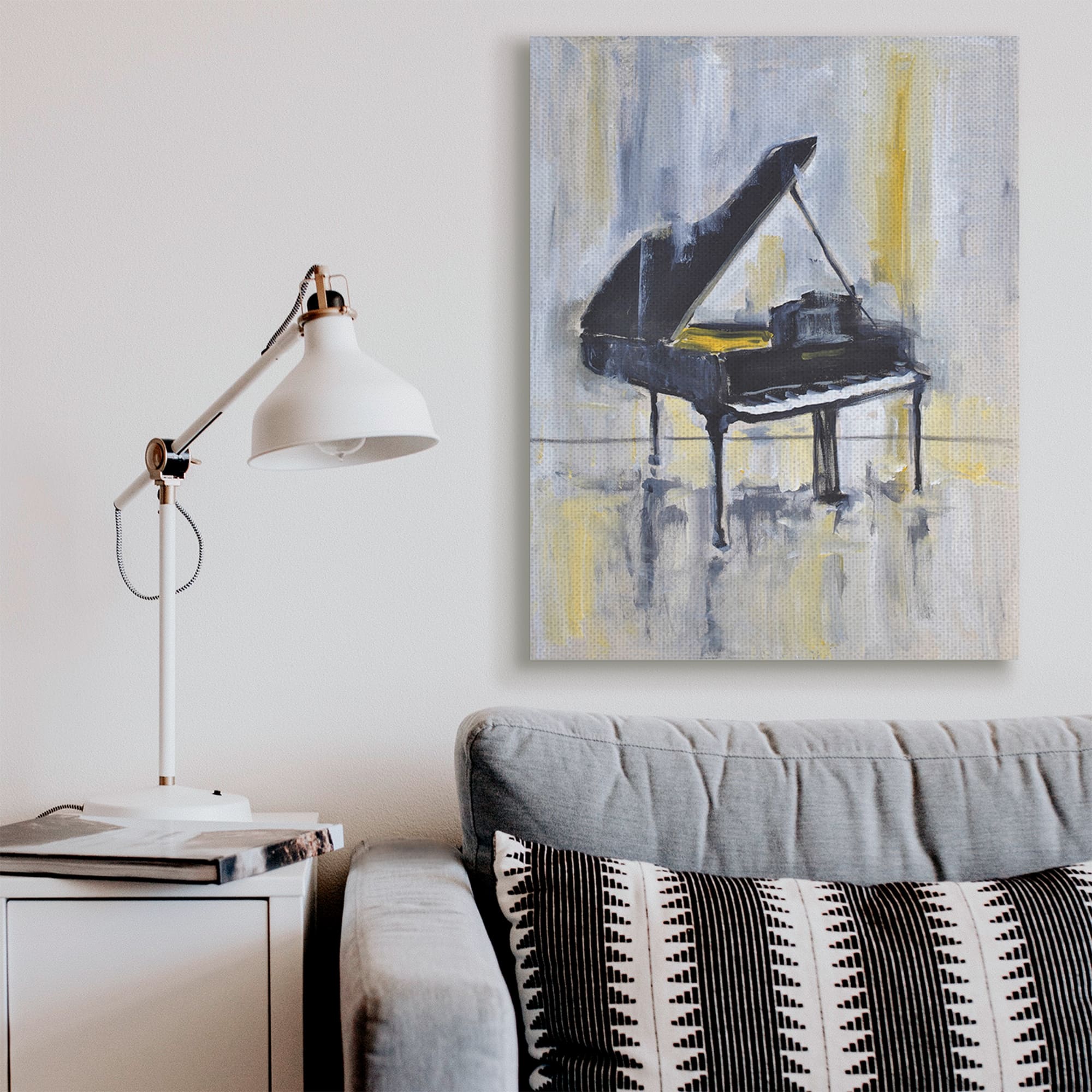 Stupell Industries Distressed Grand Piano Instrument Blue Gold Canvas Wall Art