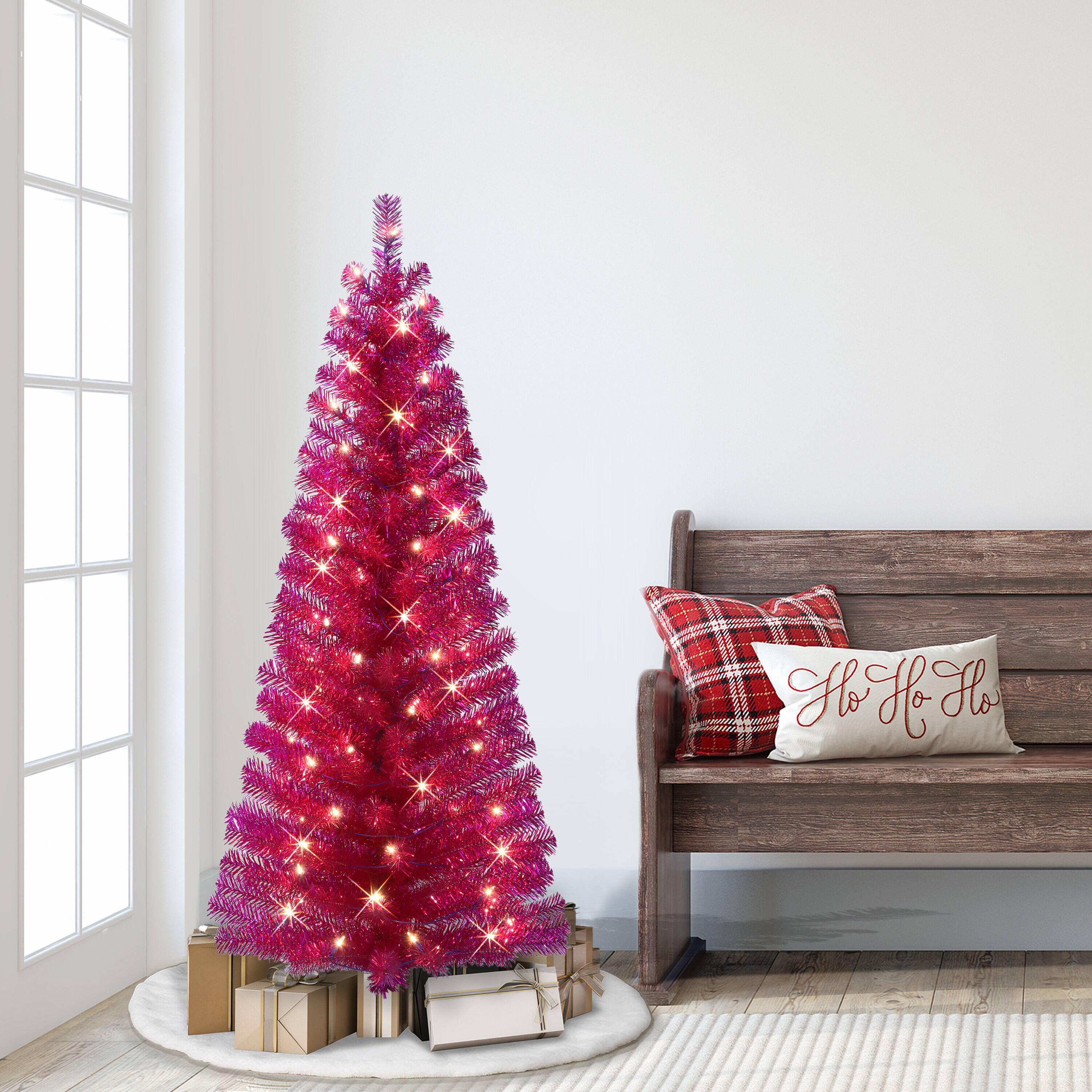 4.5ft. Pre-Lit Amaranth Tinsel Artificial Christmas Tree, Clear Lights