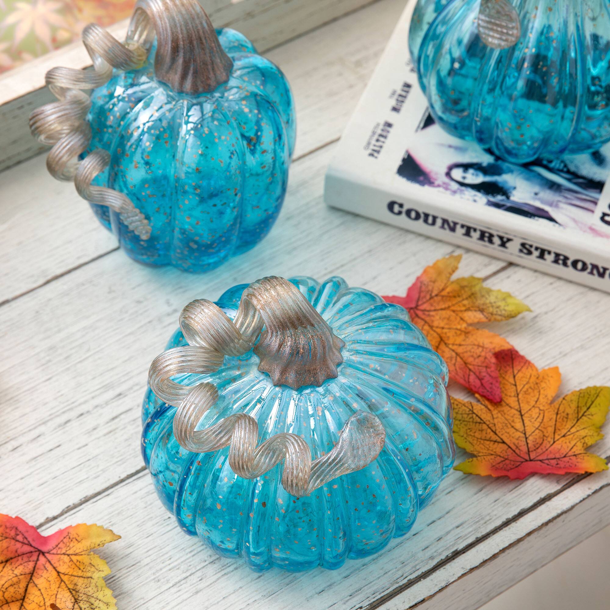 Glitzhome&#xAE; Blue Glass Pumpkin Set