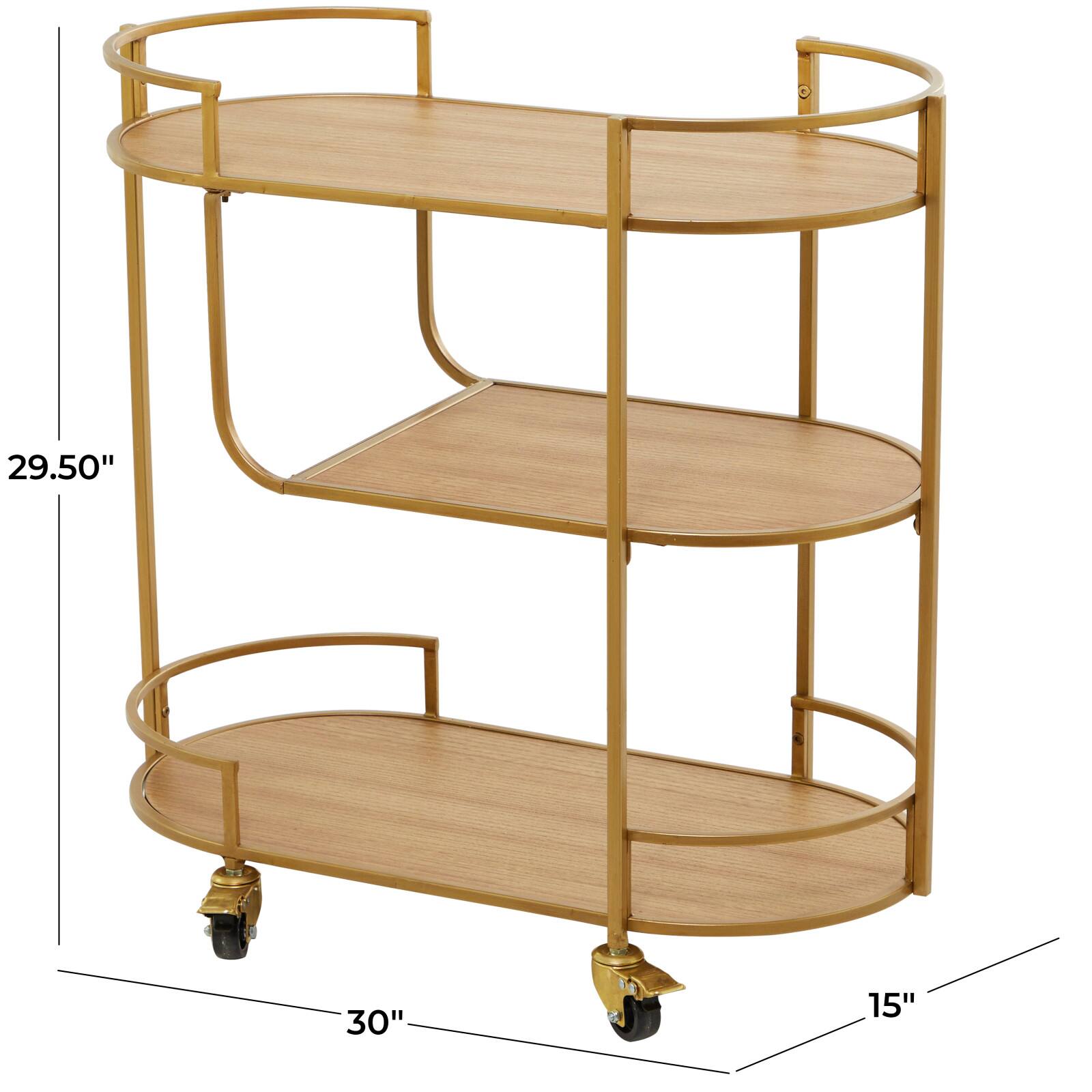Gold Wood Rolling 3 Shelves Bar Cart with Handles 30&#x22; x 15&#x22; x 30&#x22;