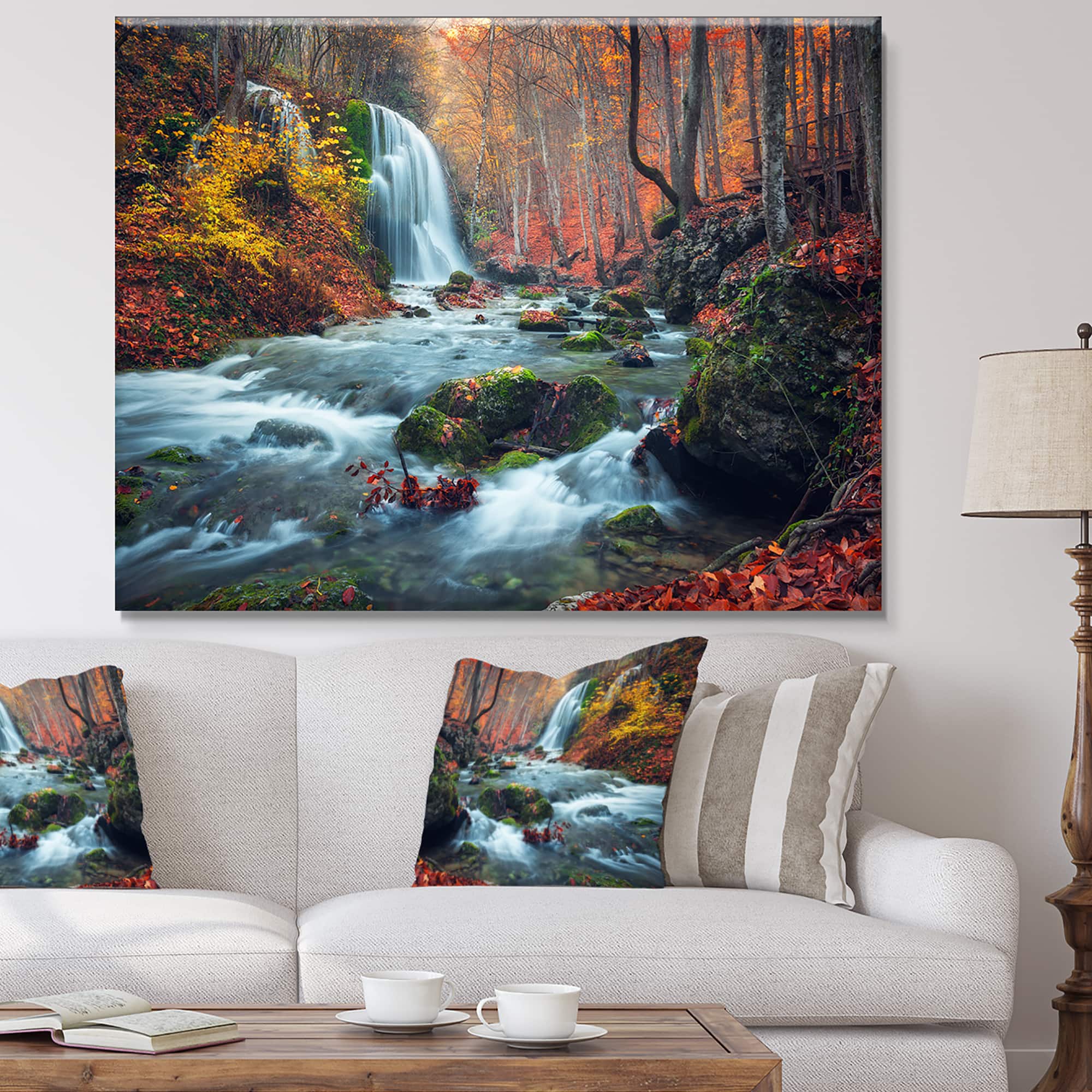 Designart - Autumn Mountain Waterfall Long View - Landscape Photography Canvas Print