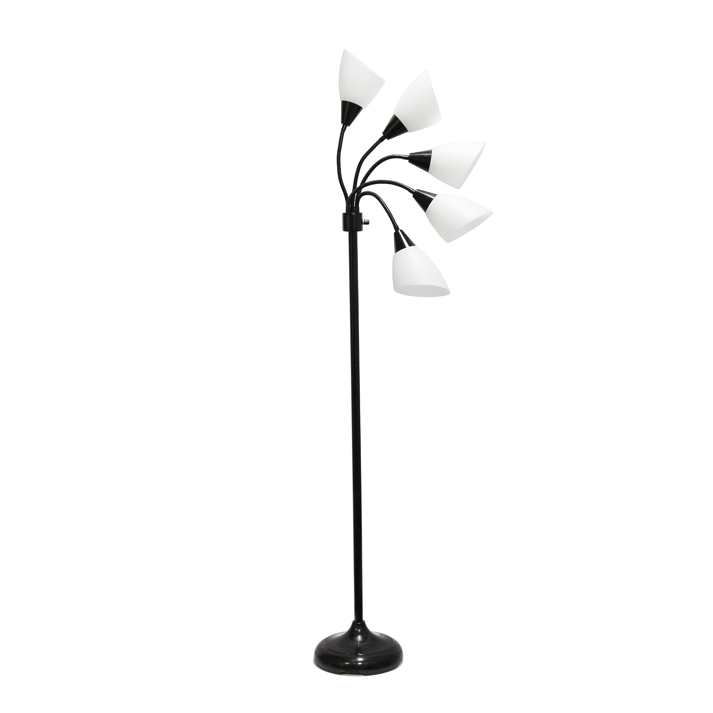 Simple Designs&#x2122; 5.5ft. 5-Light Gooseneck Black Floor Lamp with White Shades