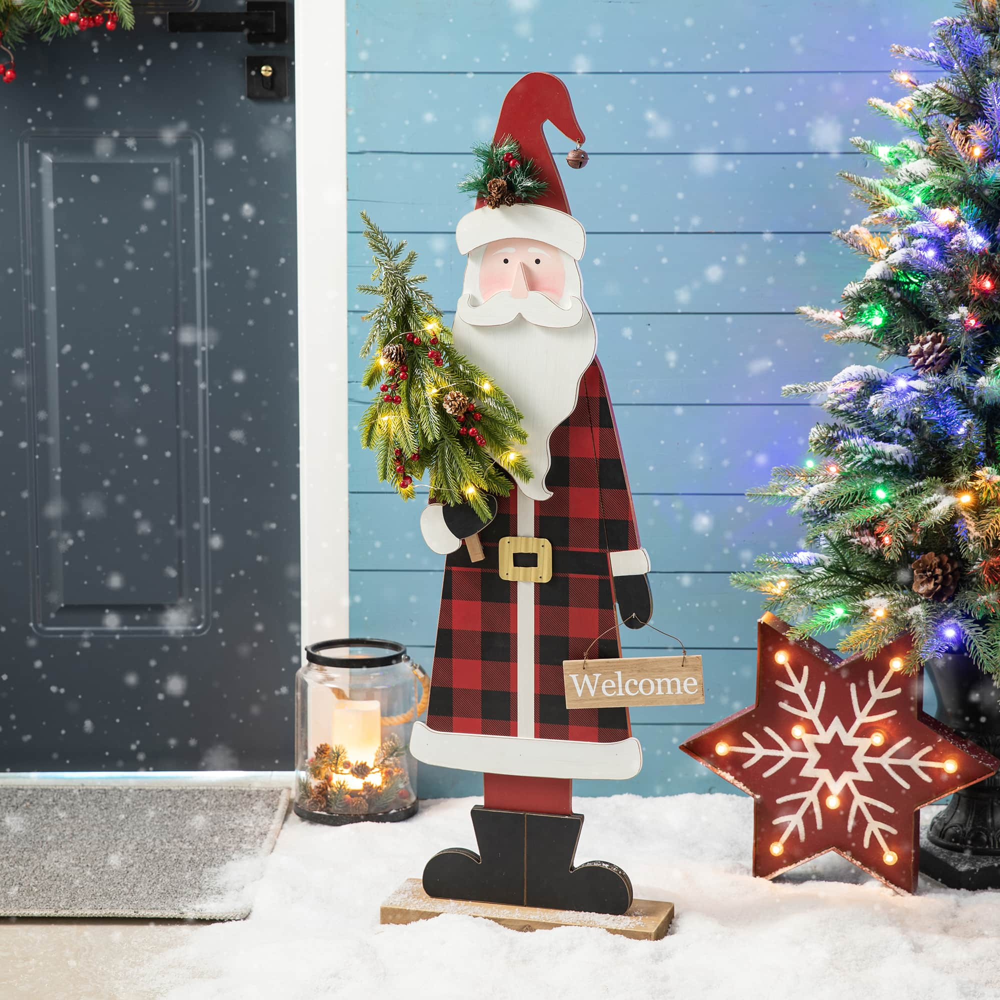 Glitzhome&#xAE; 36&#x27;&#x27; Lighted Wooden Santa Porch D&#xE9;cor