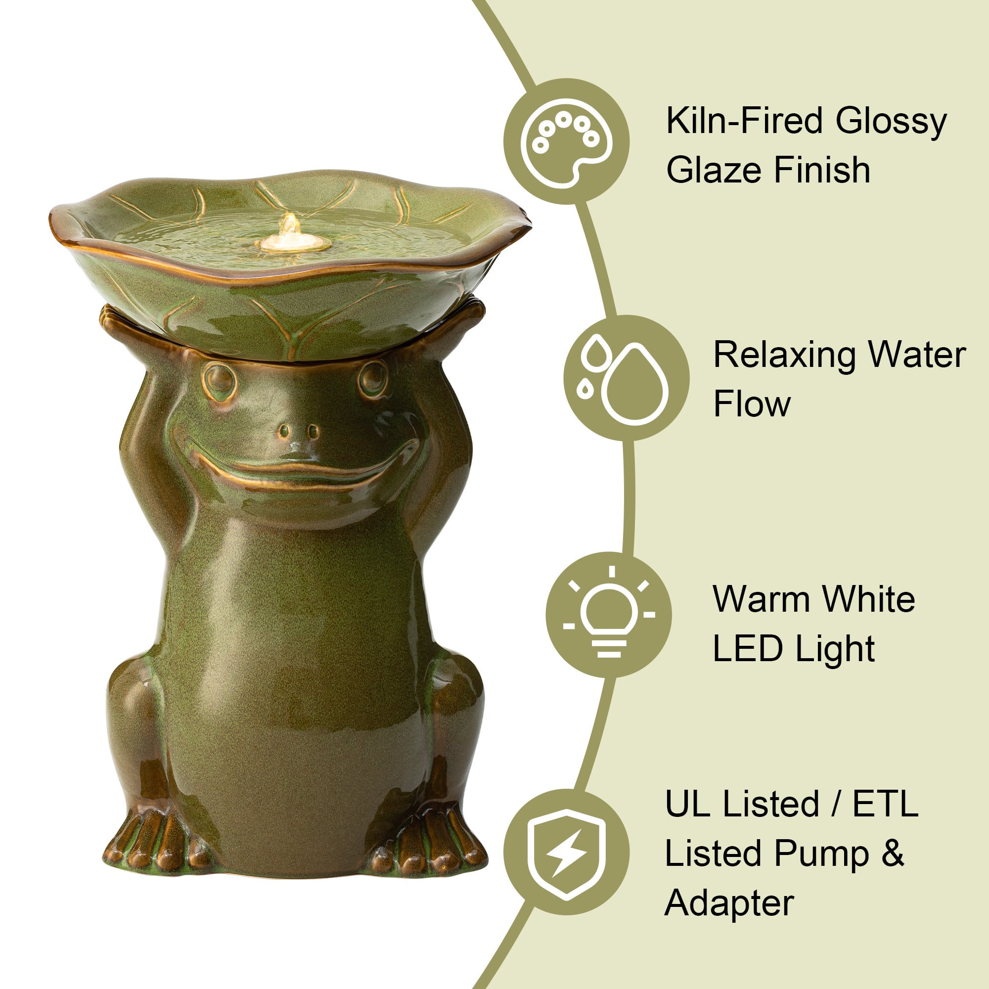 Glitzhome&#xAE; 21.5&#x22; LED Olive Green Frog Holding Lotus Birdbath Ceramic Outdoor Floor Fountain