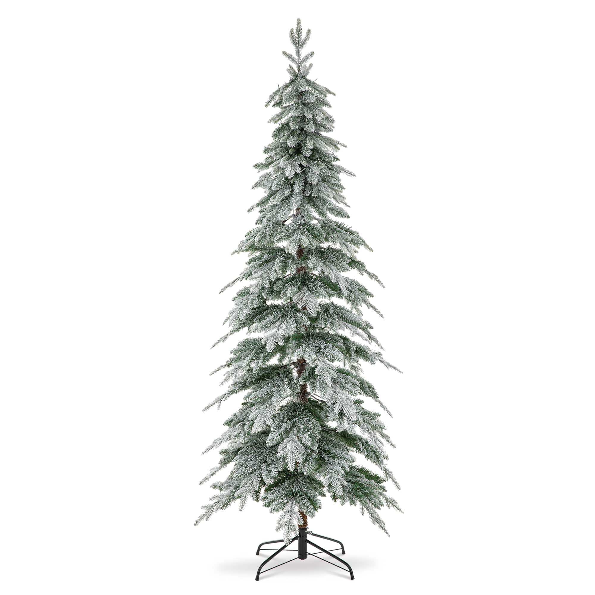 Glitzhome&#xAE; 7.5ft. Pre-Lit Flocked Pencil Spruce Artificial Christmas Tree, Warm White LED Lights