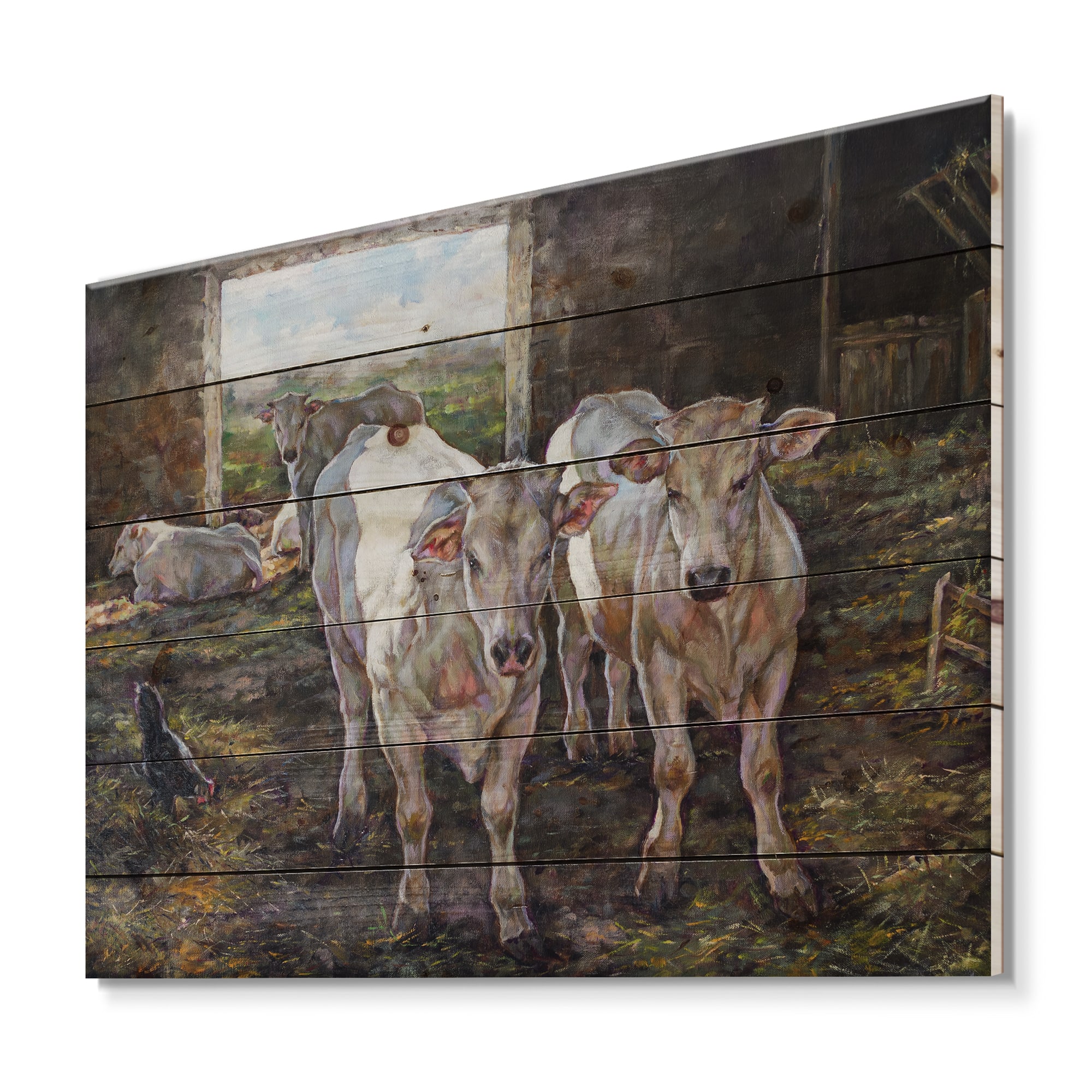 Designart - Two Cows In The Stable - Farmhouse Print on Natural Pine Wood