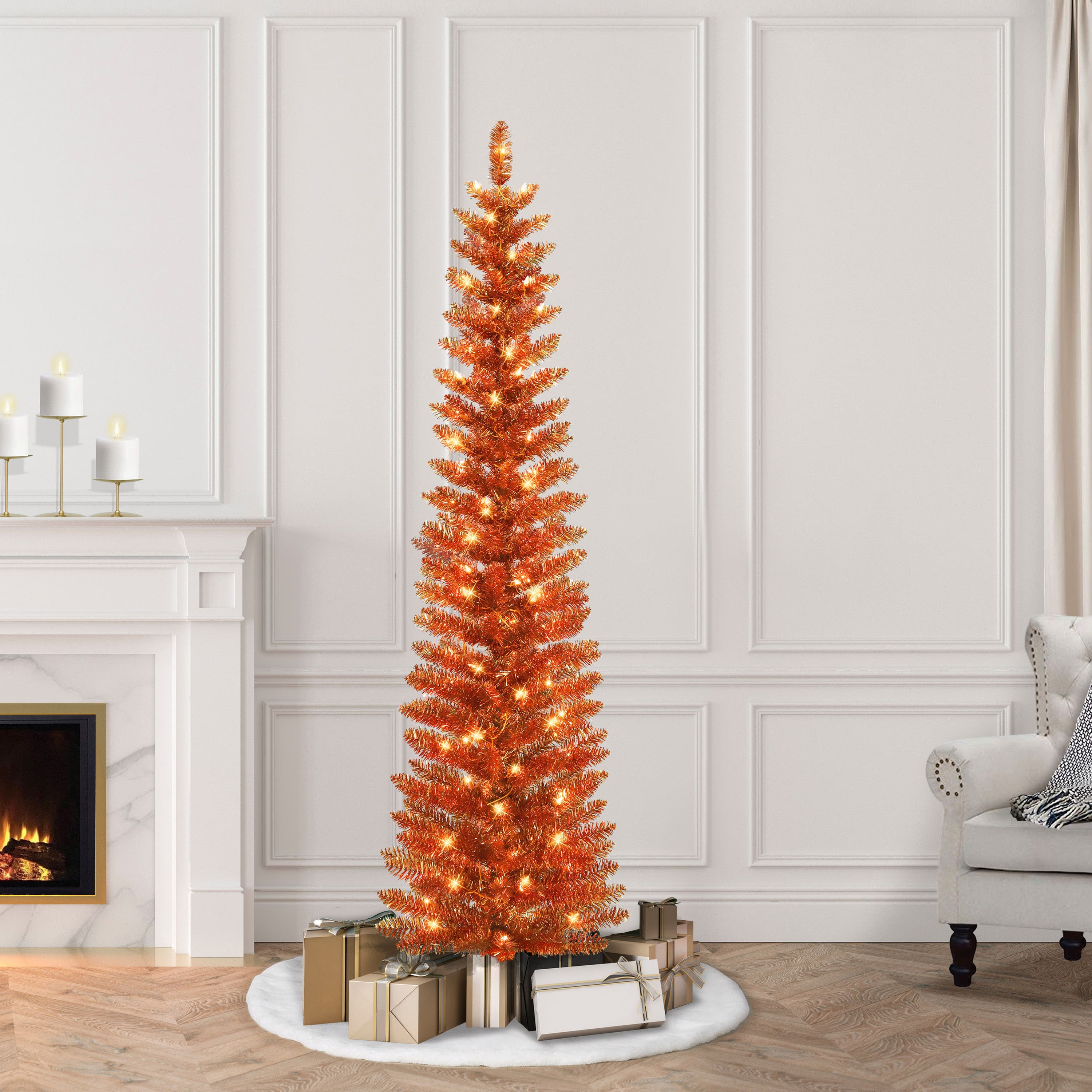 6ft. Pre-Lit Orange Tinsel Artificial Christmas Tree, Clear Lights