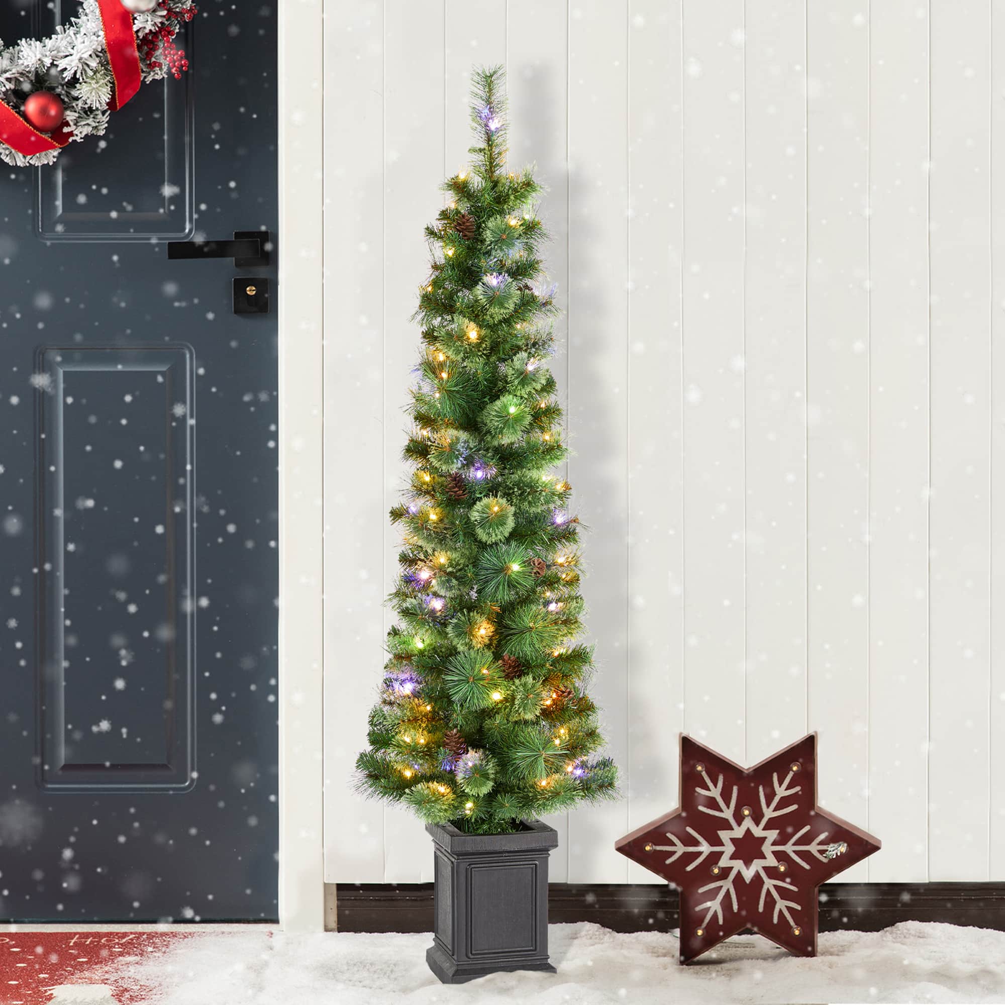 Glitzhome&#xAE; 5ft Pre-Lit Green Cashmere Pine Christmas Porch Tree, Multi-color LED Lights
