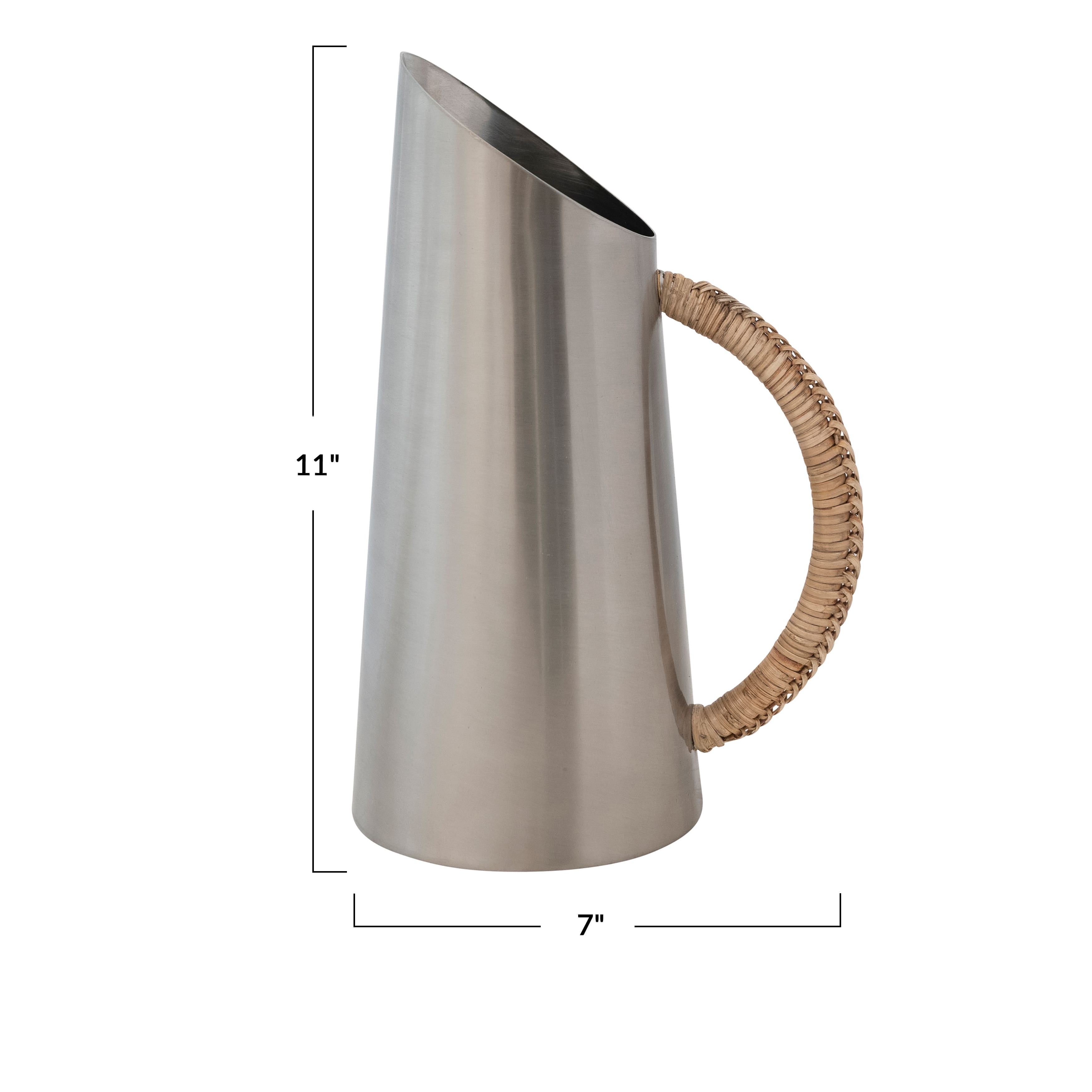 11&#x22; Modern Boho Angled Stainless Steel Pitcher with Rattan Wrapped Handle