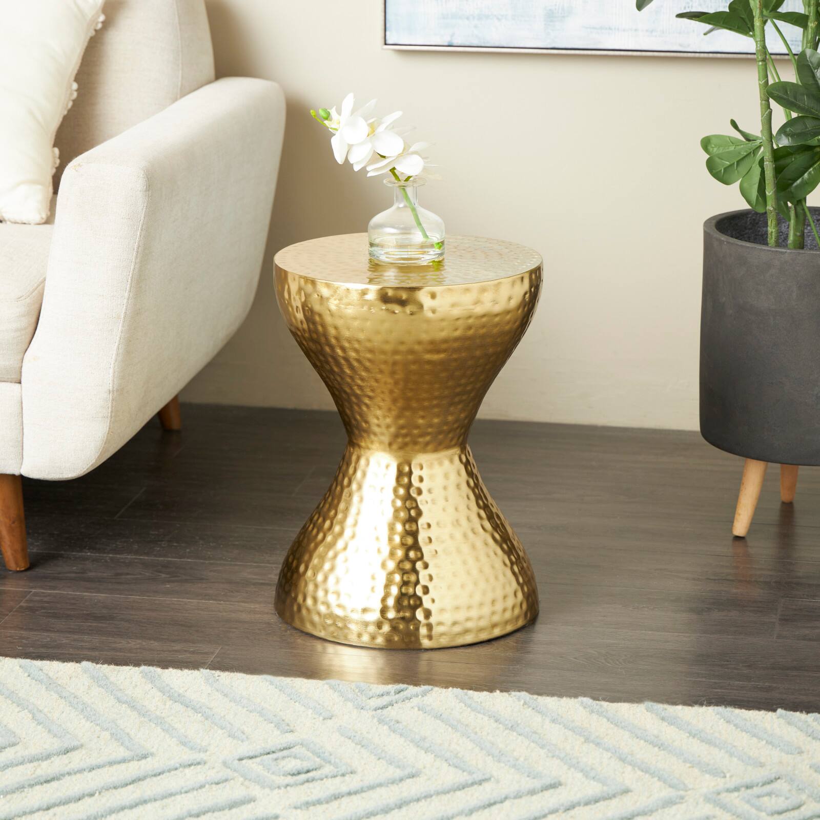 18.5&#x22; Gold Metal Hammered Accent Table with Hourglass Shape