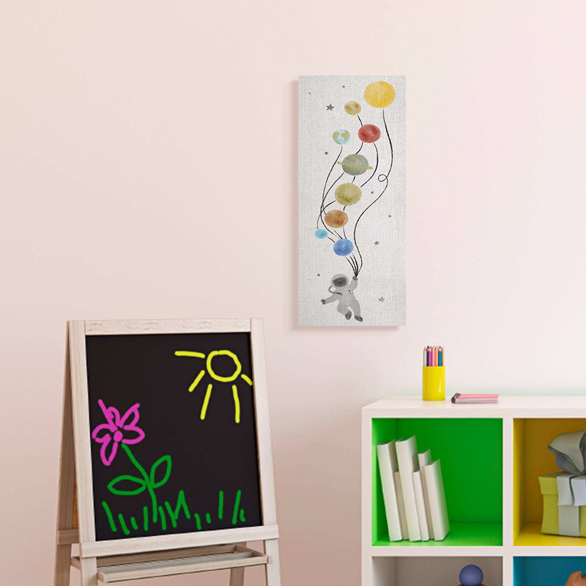 Stupell Industries Whimsical Astronaut Floating Balloon Planets Stars Canvas Wall Art