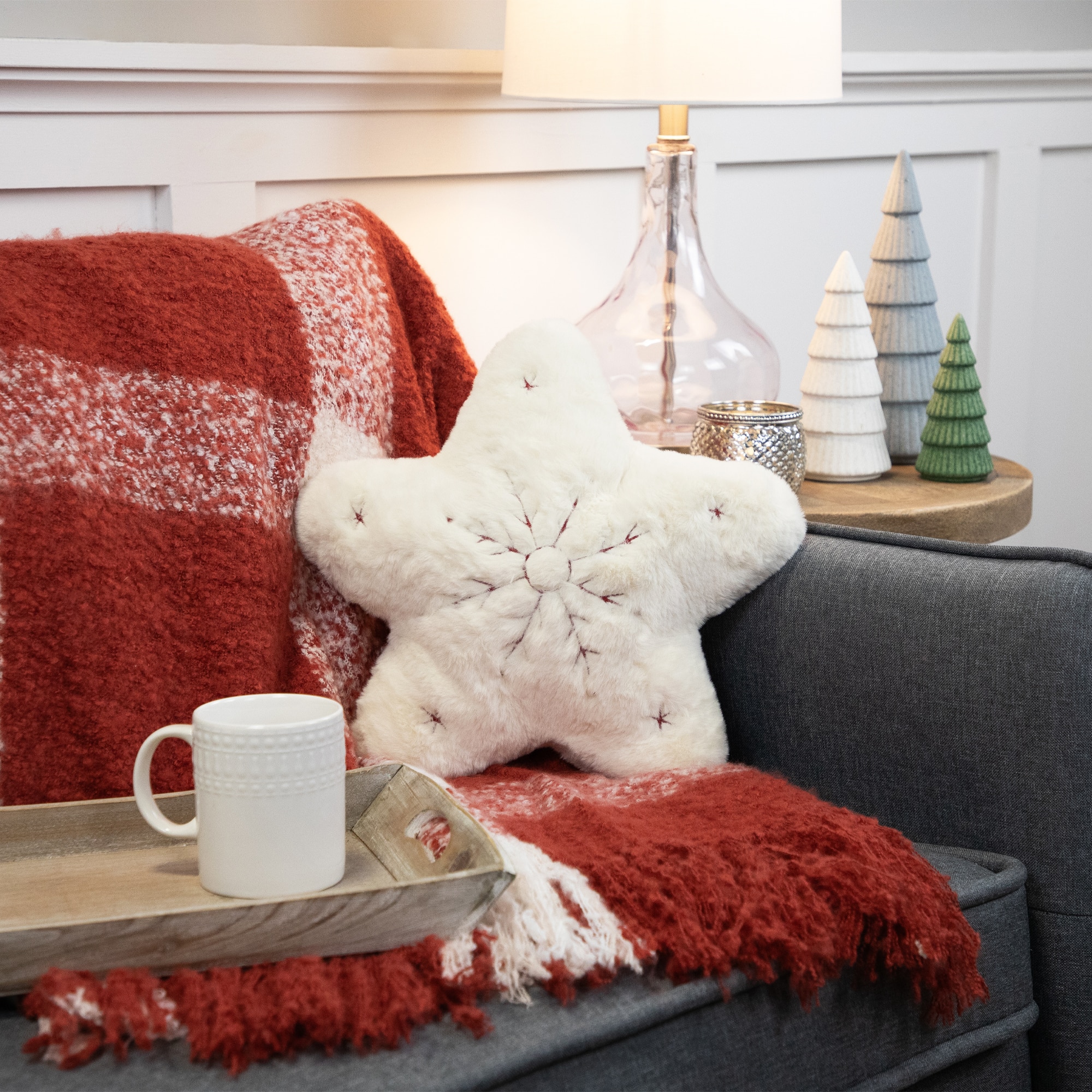 13" White Snowflake Embroidered Plush Christmas Throw Pillow