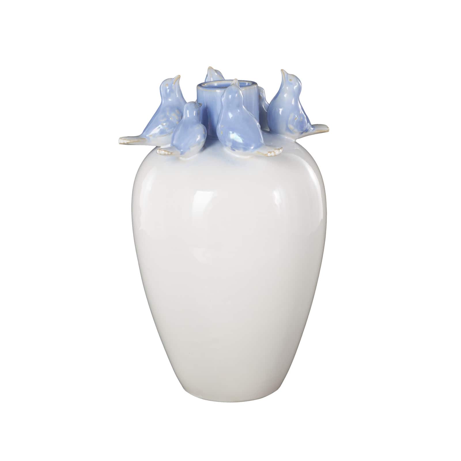 13&#x22; White Ceramic Bird Decorative Vase with Blue Accents