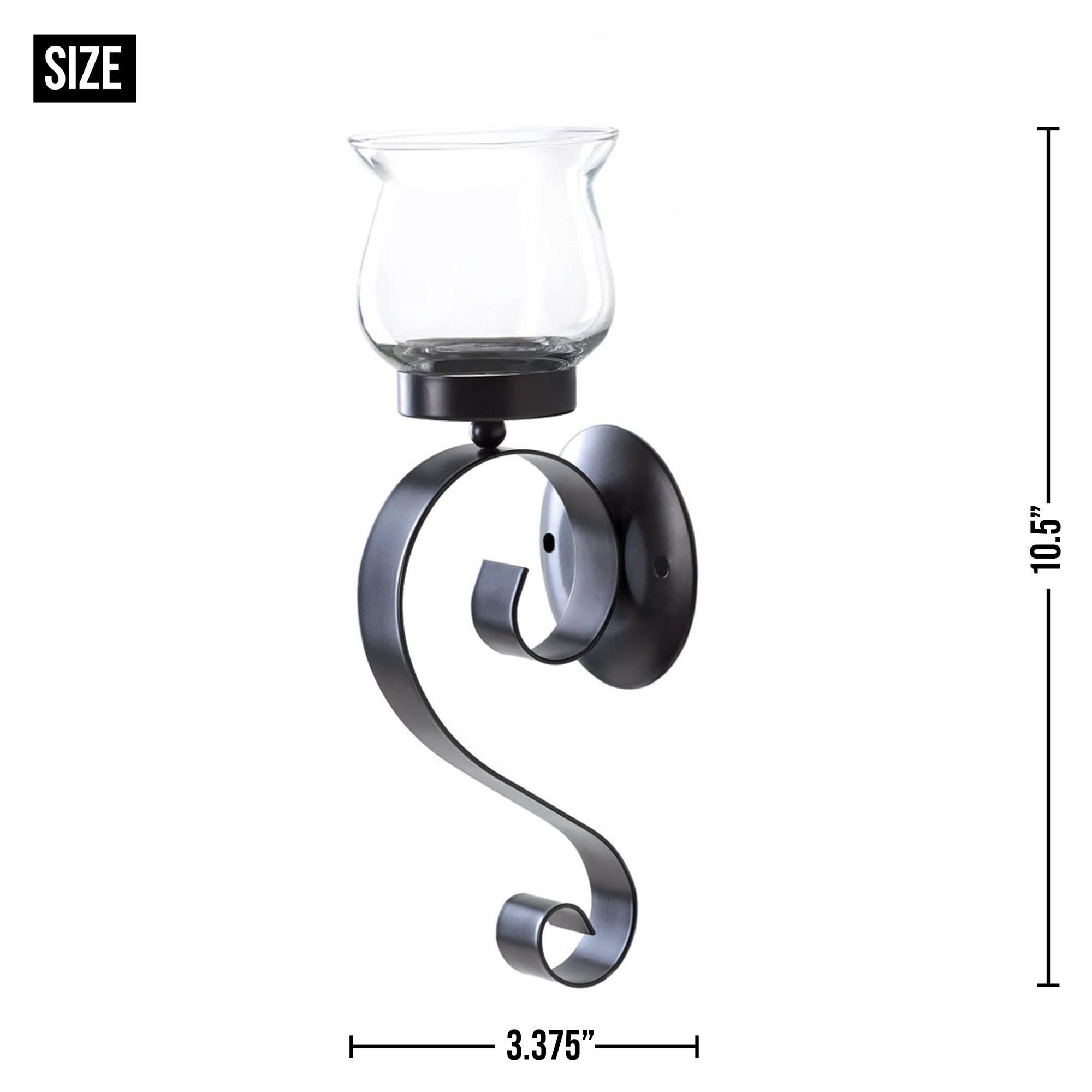 10.5&#x22; Black Rustic Iron and Glass Scrolling Candle Holder Wall Sconce