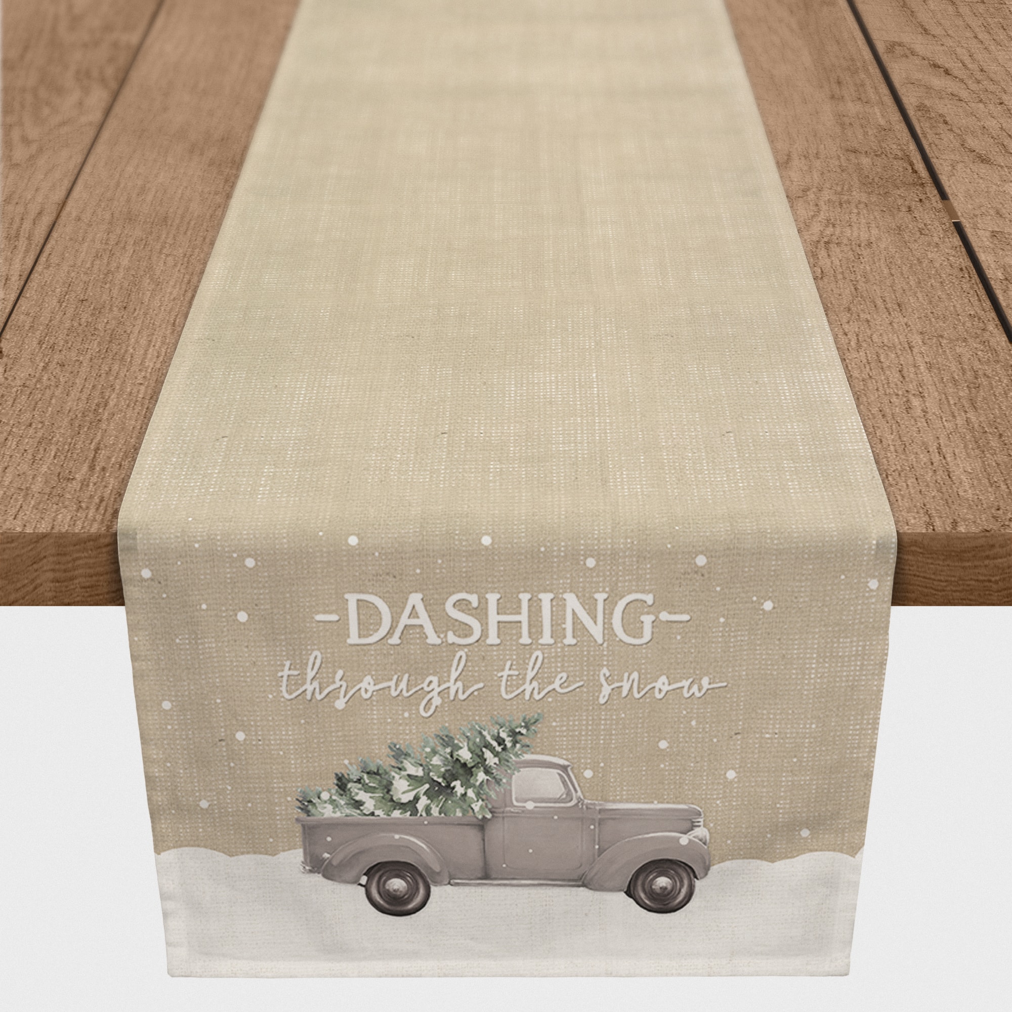 Dashing Through the Snow Painted Tree Truck 16x72 Poly Twill Table Runner