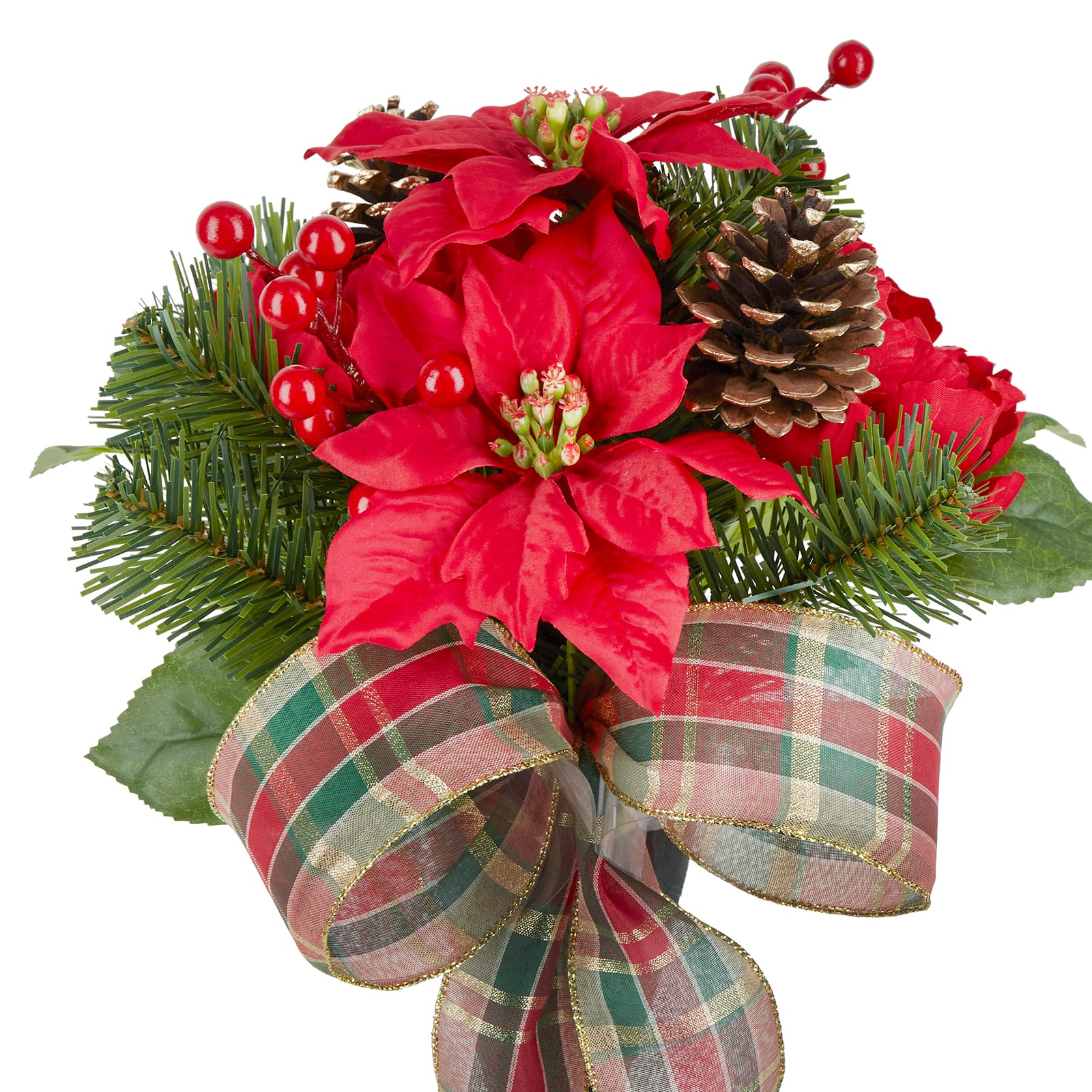 14&#x22; Red Poinsettia &#x26; Peony Cone with Plaid Bow by Ashland&#xAE;