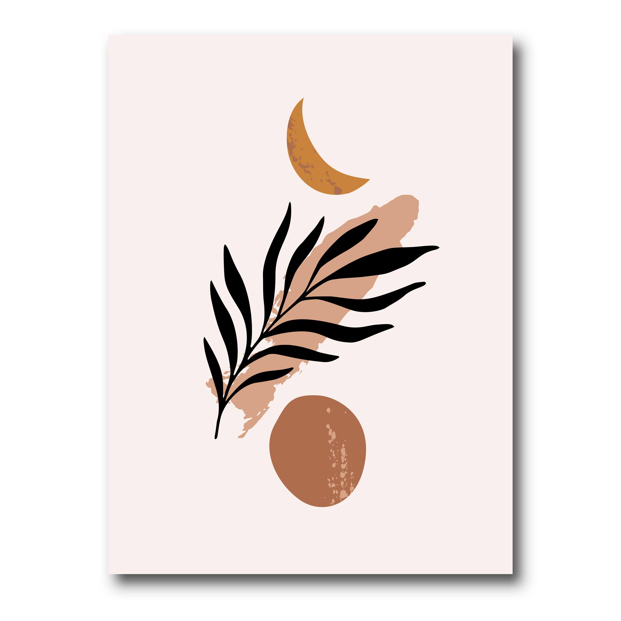 Designart - Abstact Minimal Sun, Moon & Tropical Palm Leaf I - Modern Canvas Wall Art Print