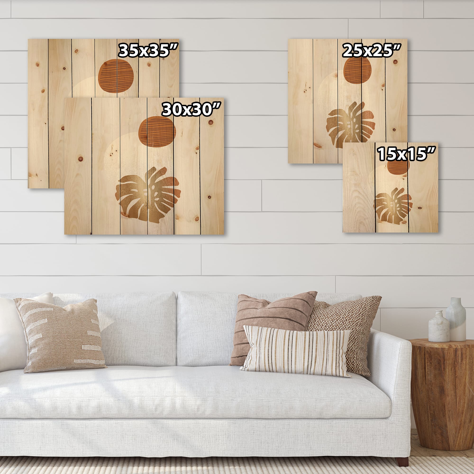 Designart - Tropical Palm Leaf &#x26; Abstract Geometry Shapes II - Modern Print on Natural Pine Wood