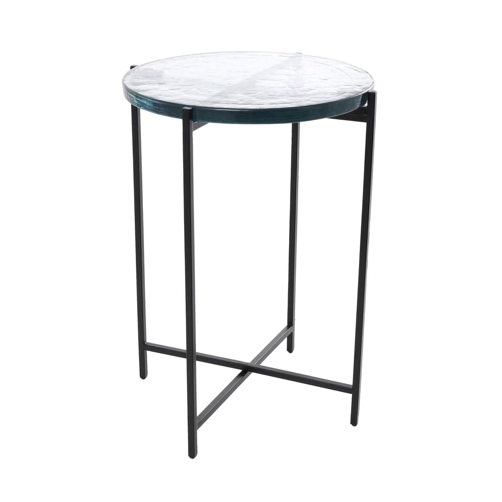 24&#x22; Metal X-Shaped Accent Table with Textured Glass Tabletop