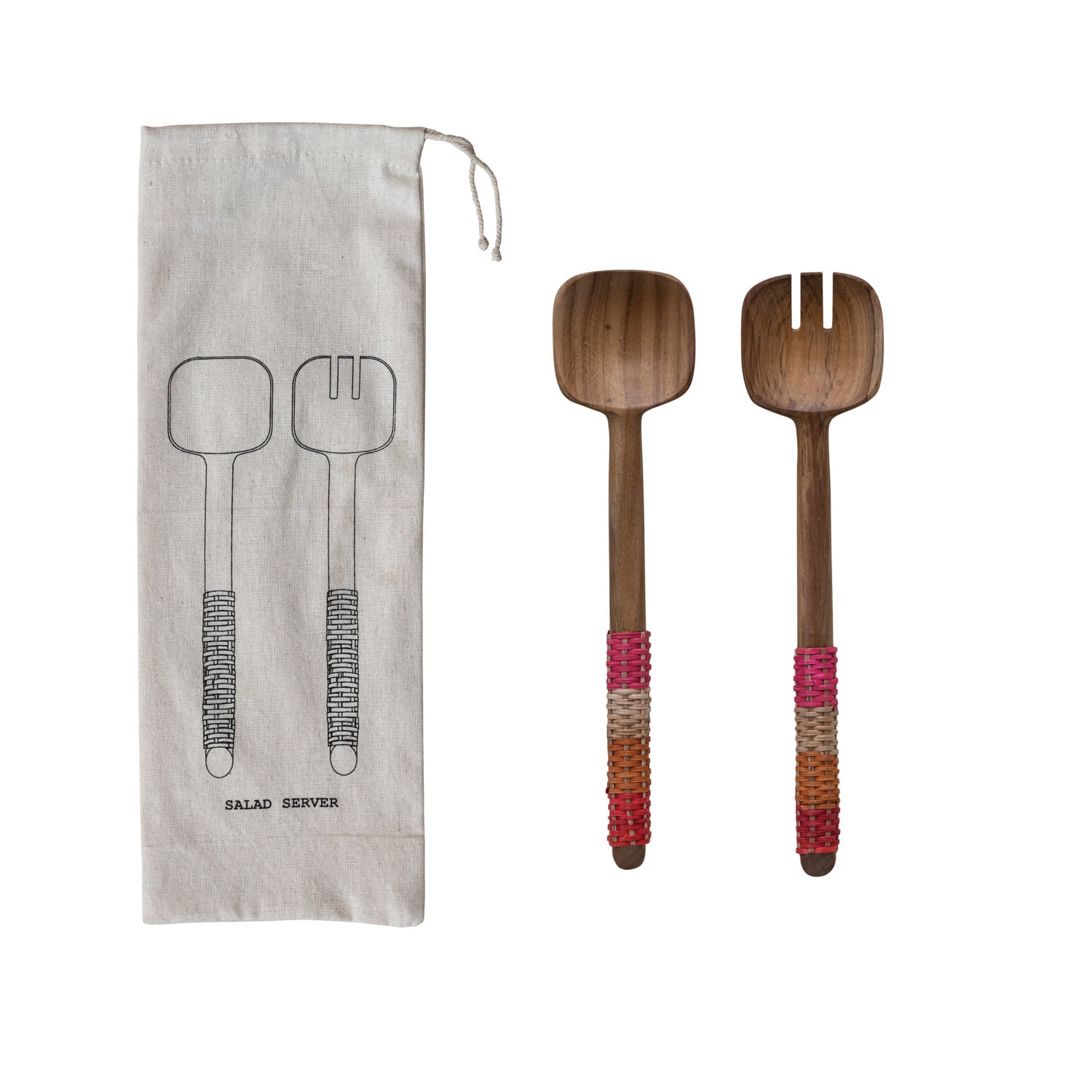 Hello Honey® 12" Teakwood Kitchen Salad Servers with Rattan Wrapped Handles & Drawstring Bag