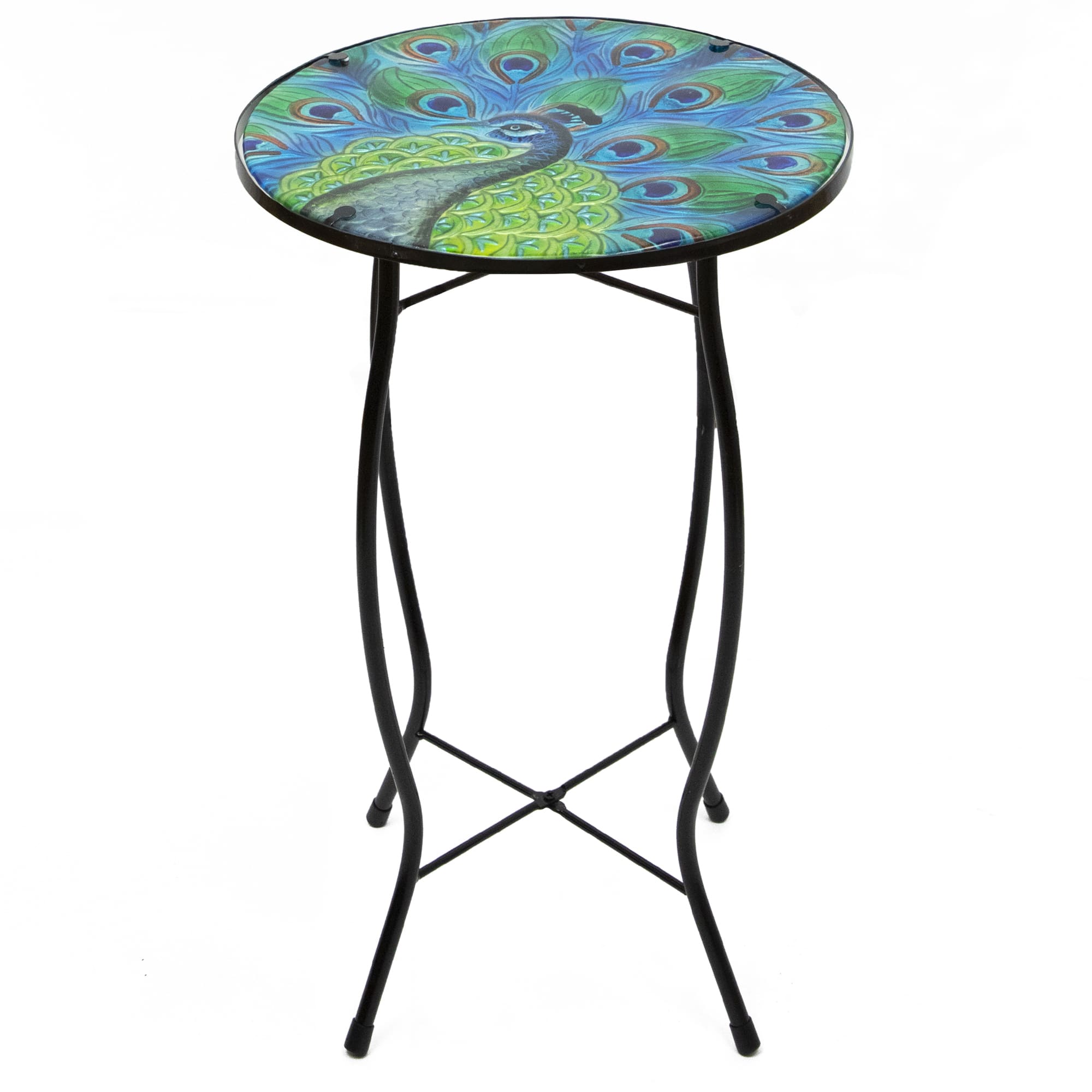 19&#x22; Blue &#x26; Green Peacock Glass Patio Side Table