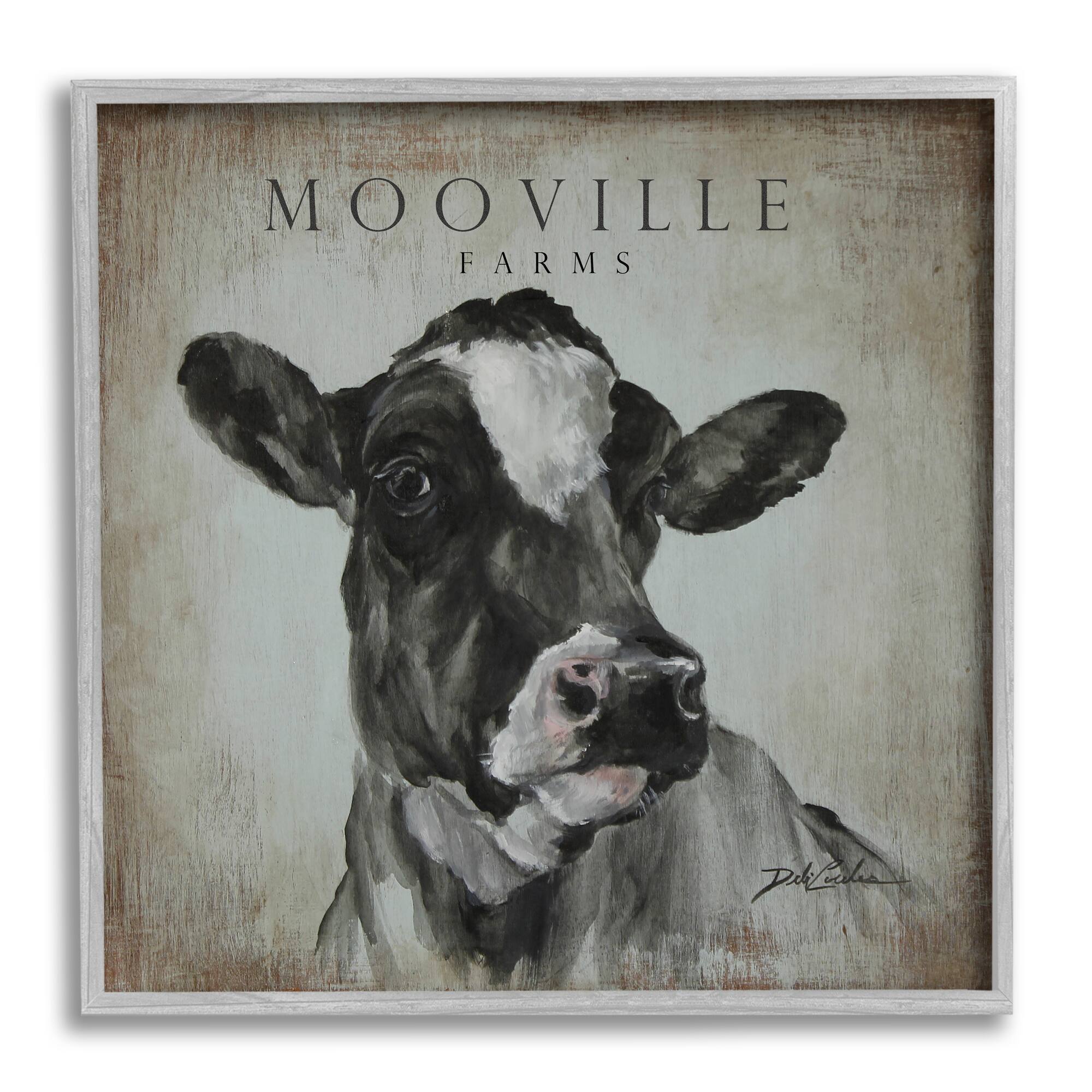 Stupell Industries Mooville Farms Rustic Sign Vintage Dairy Cow Portrait Framed Wall Art