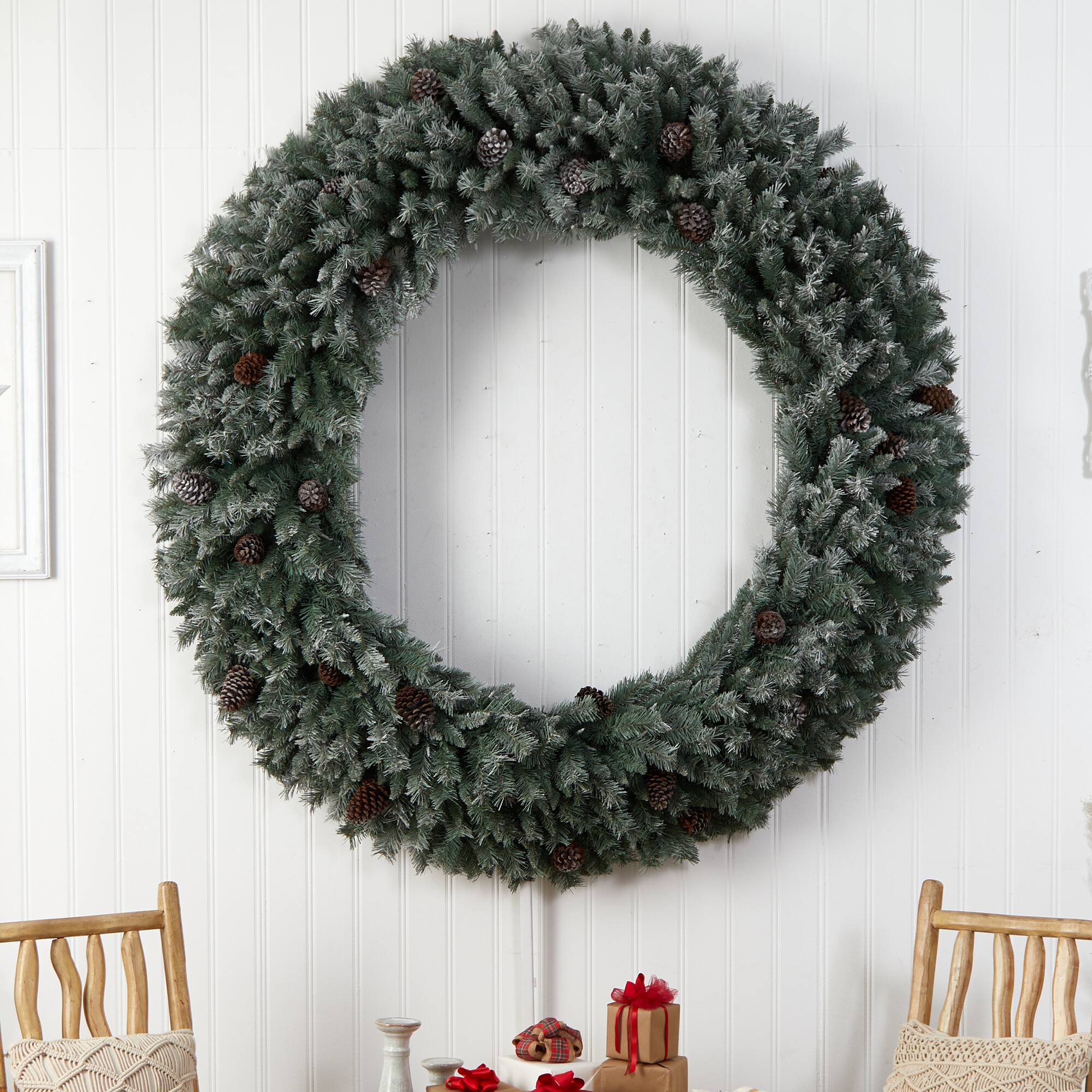 6ft. Clear LED Lights Flocked Christmas Artificial Wreath With Pinecones