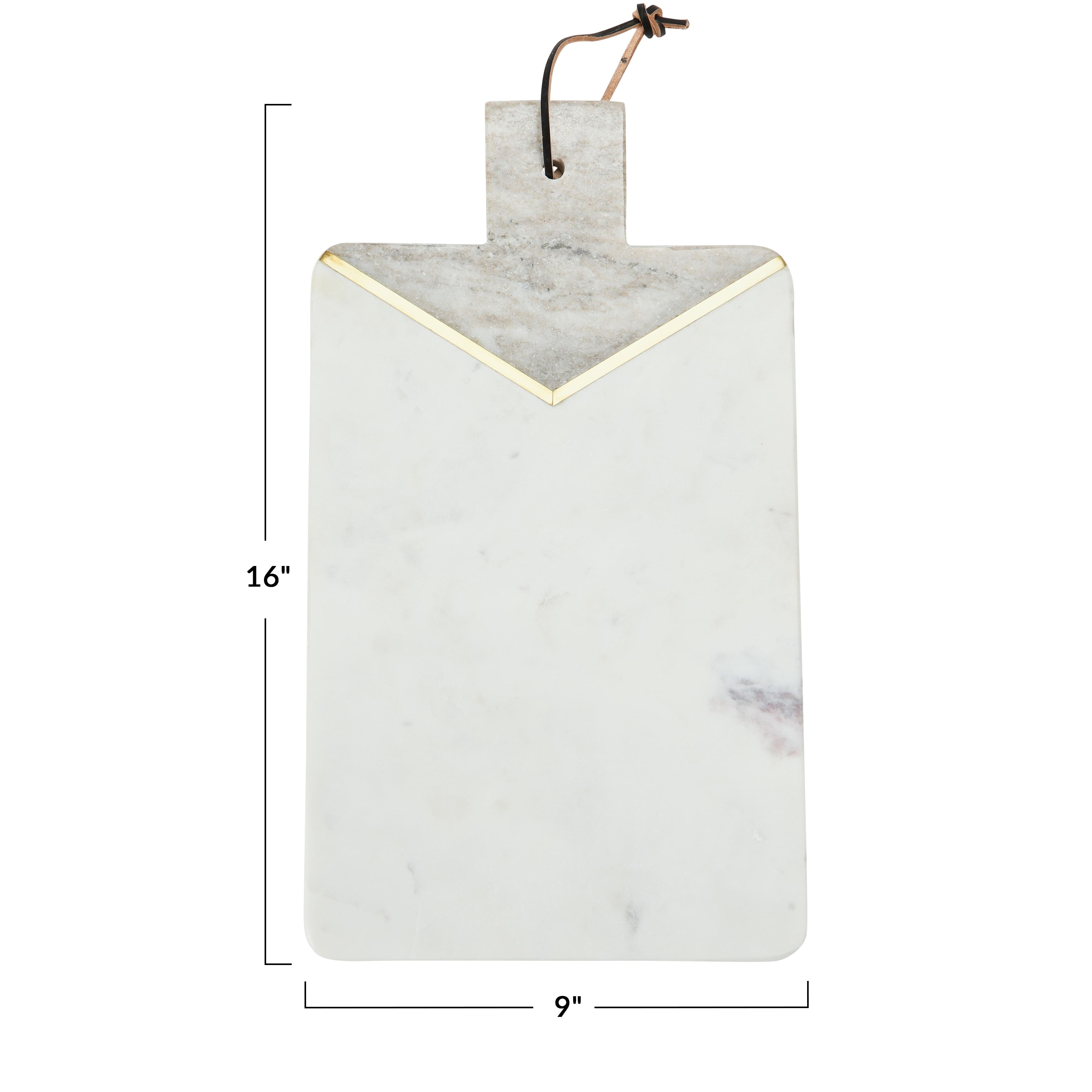 16&#x22; Gray and White Boho 2-Tone Marble Charcuterie or Cutting Board with Brass Inlay and Leather Tie