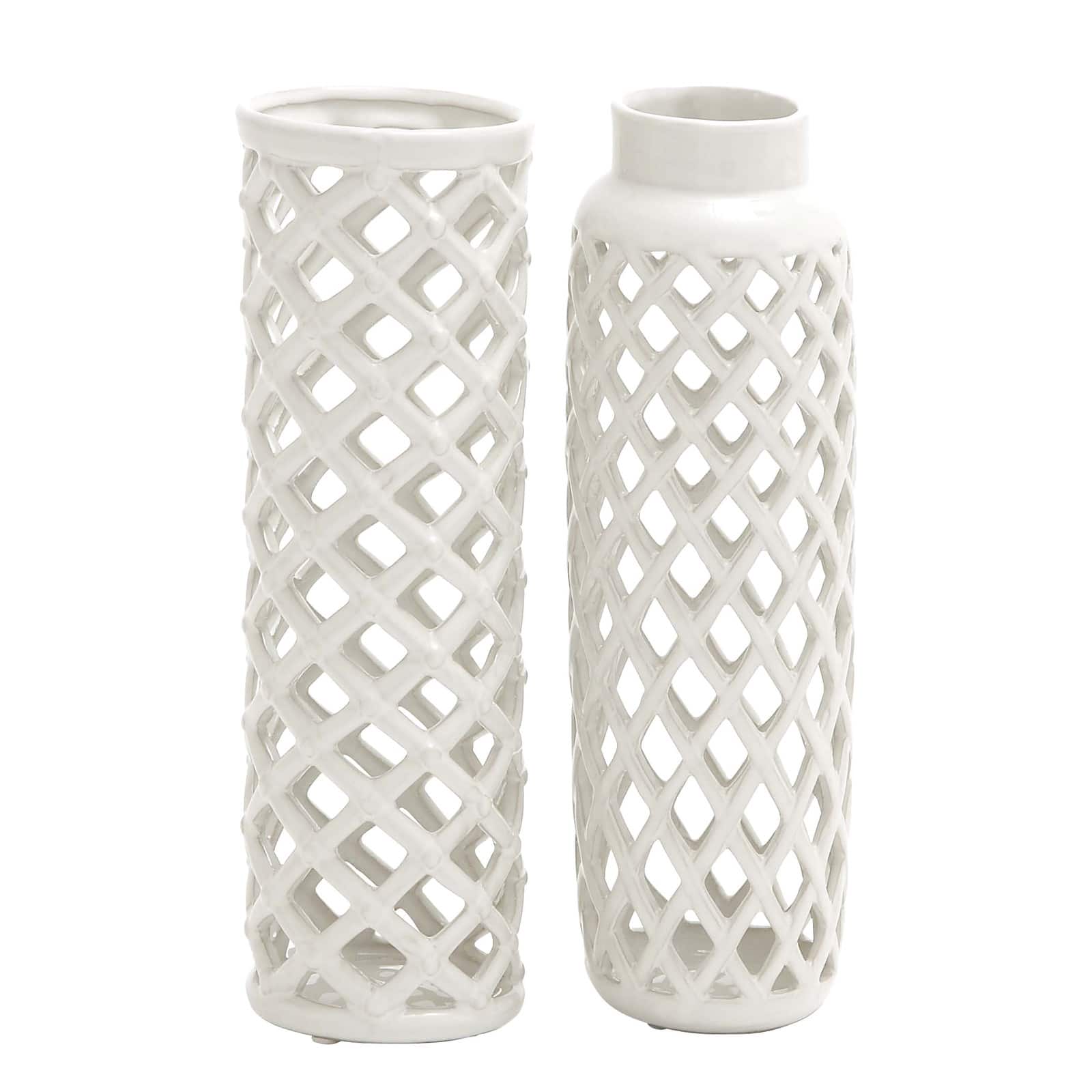 12&#x22; White Stoneware Modern Vase Set