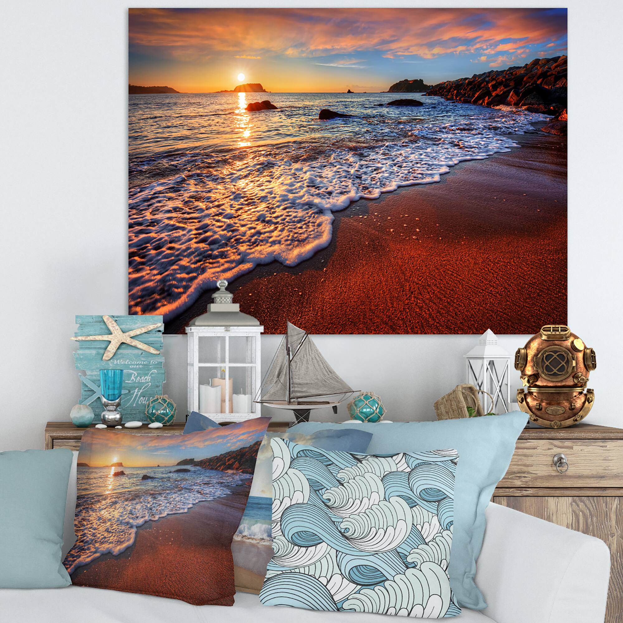 Designart - Stunning Ocean Beach at Sunset - Seashore Canvas Art Print
