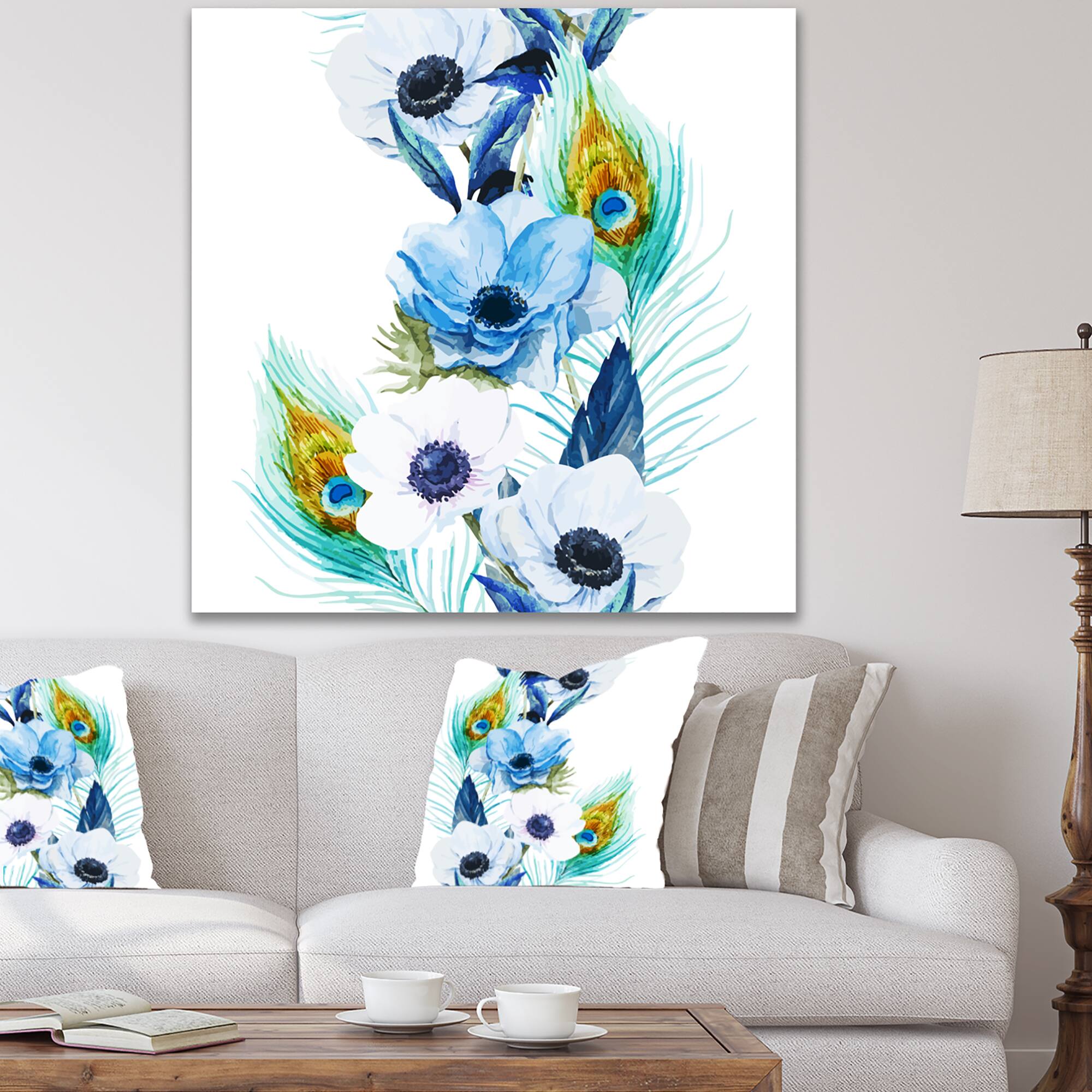 Designart - Handpainted Anemones And Peacock Feathers - Floral Canvas Art