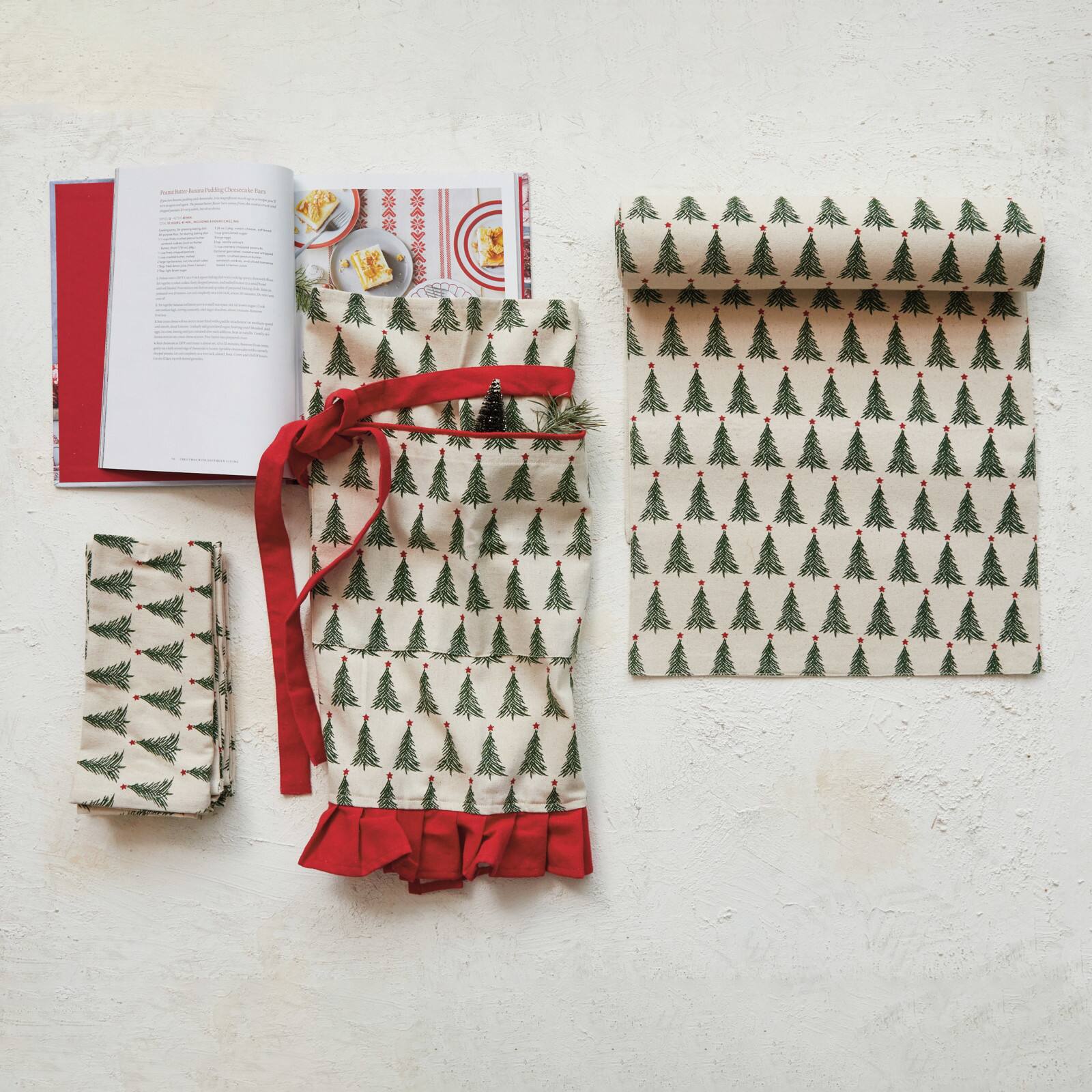 Hello Honey&#xAE; Natural, Green &#x26; Red Cotton Printed Half Apron with Christmas Tree Pattern, Pocket &#x26; Ruffle