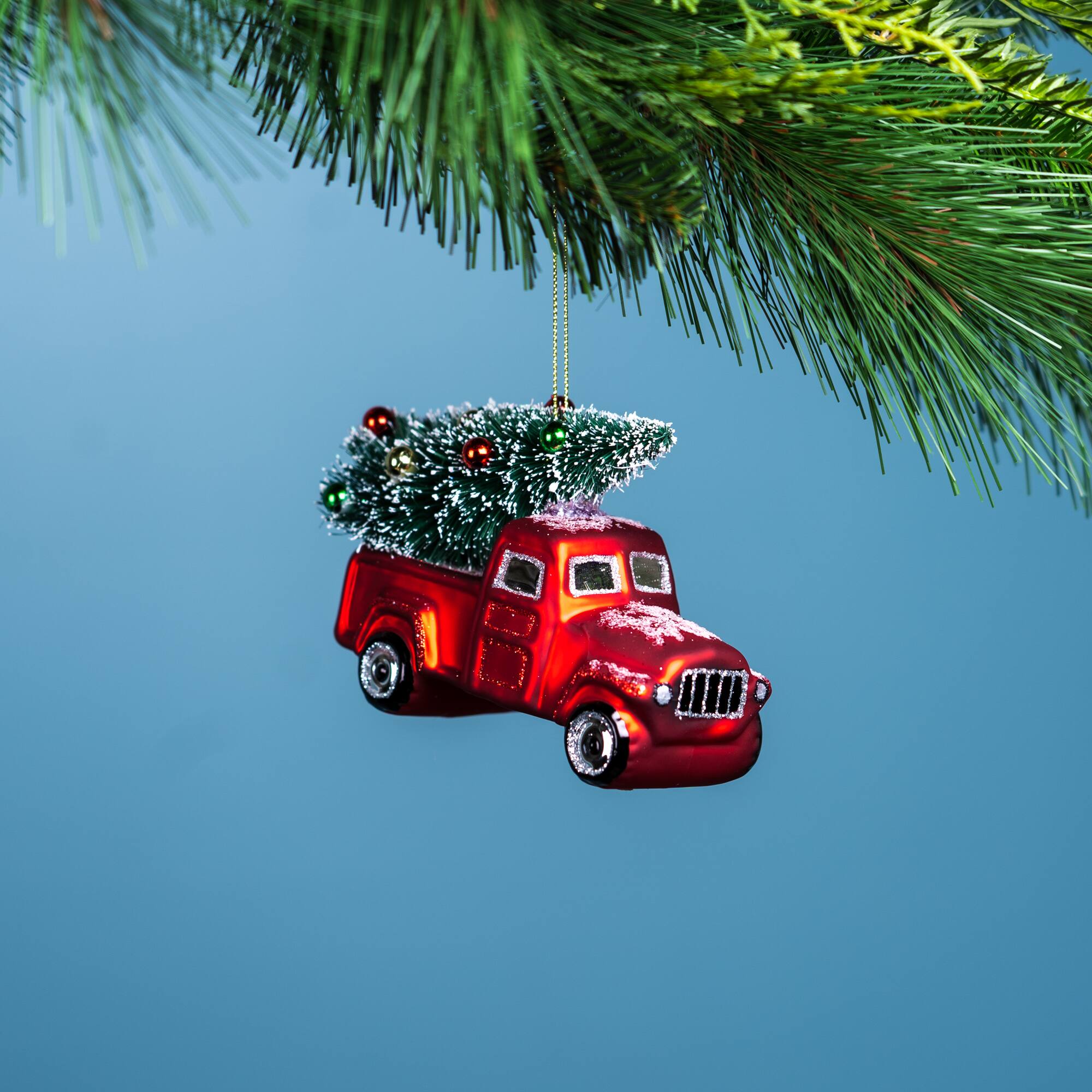 6ct. 4.25&#x22; Glittered Glass Pickup Truck Ornament Set