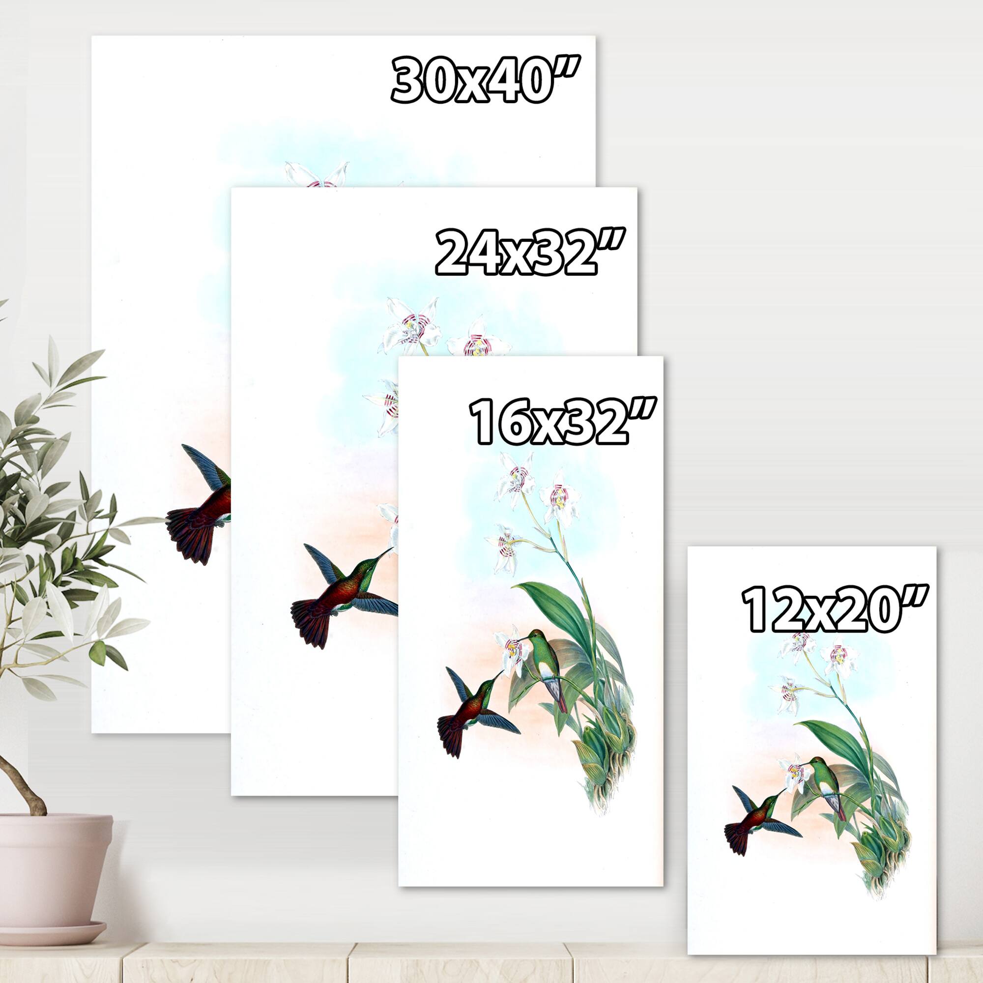 Designart - Vintage Hummingbird Flying To A Flower - Traditional Canvas Wall Art Print