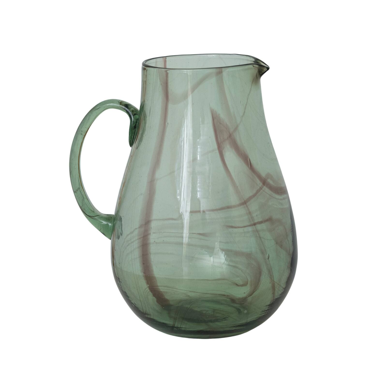 10&#x22; Green &#x26; Purple Marbled Elegance Hand-Blown Glass Pitcher