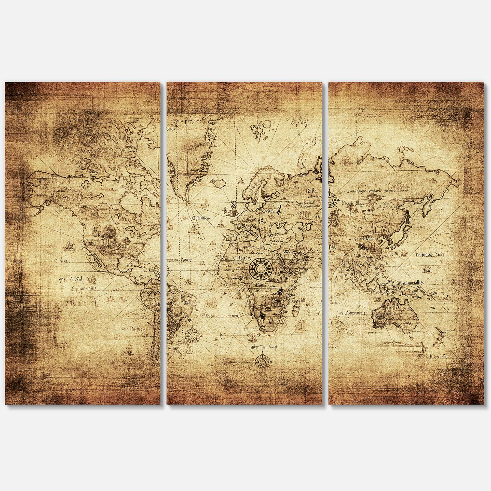 Designart - Ancient Map of The World IV - Vintage Canvas Wall Art Print