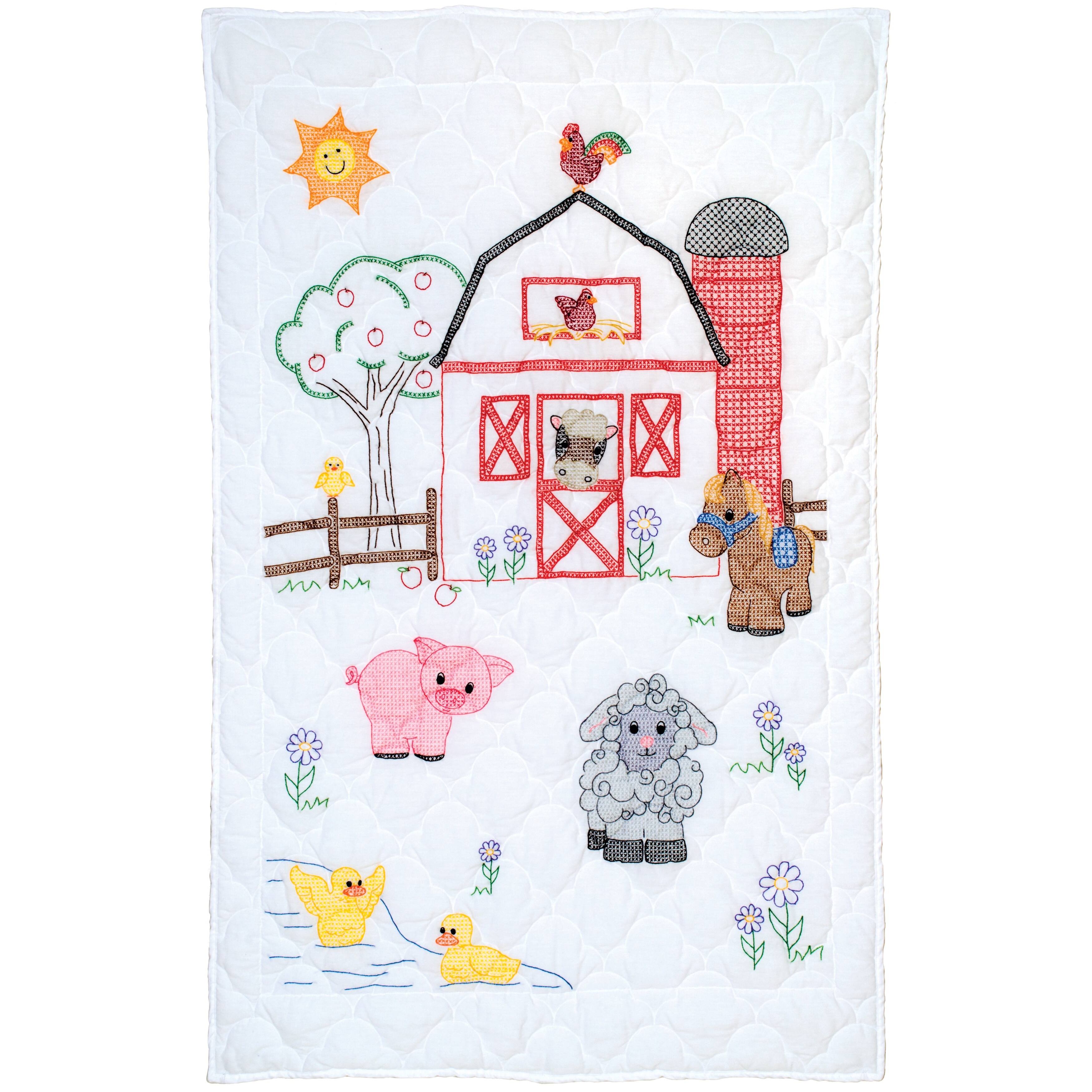 Jack Dempsey Farm Friends Stamped White Quilt Crib Top