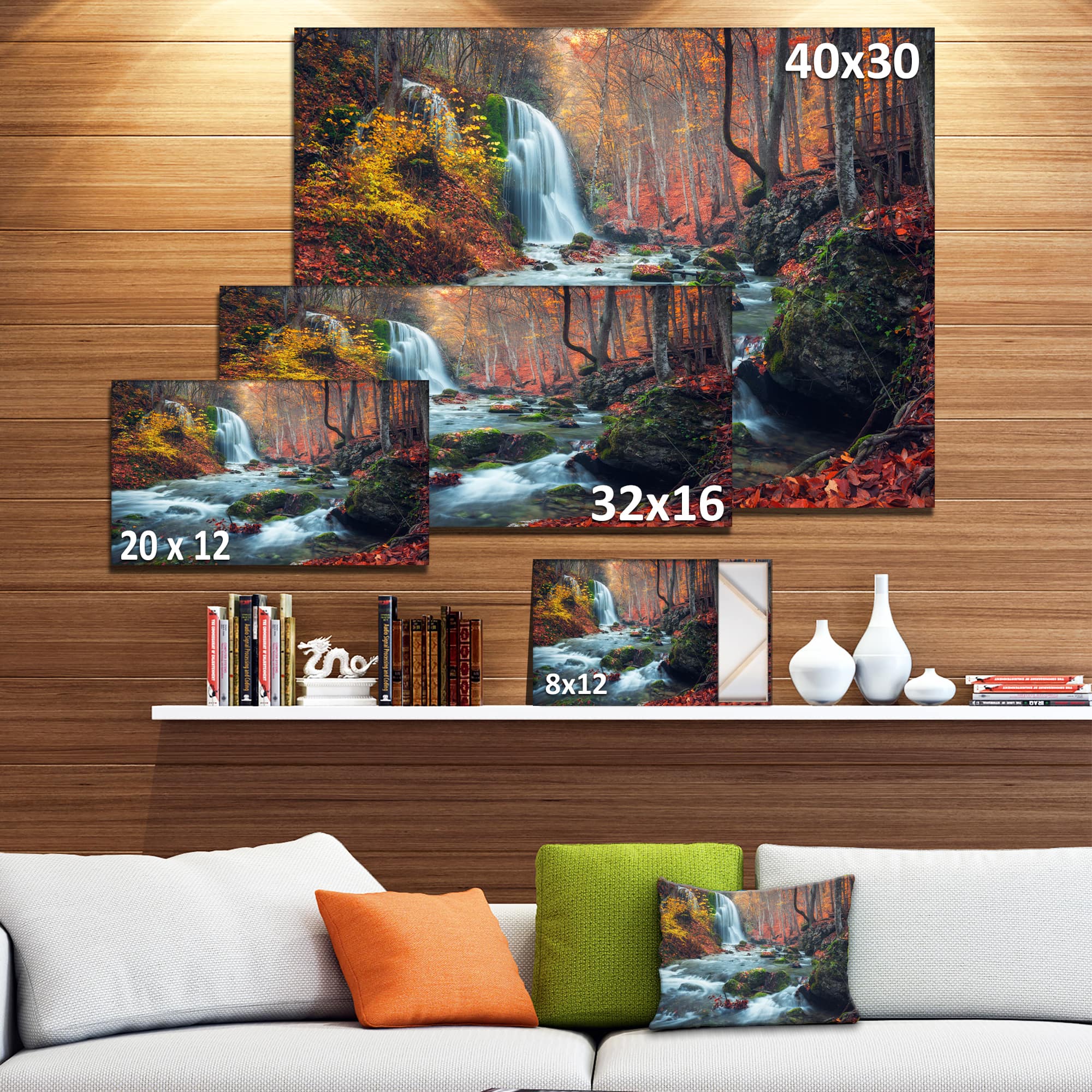 Designart - Autumn Mountain Waterfall Long View - Landscape Photography Canvas Print