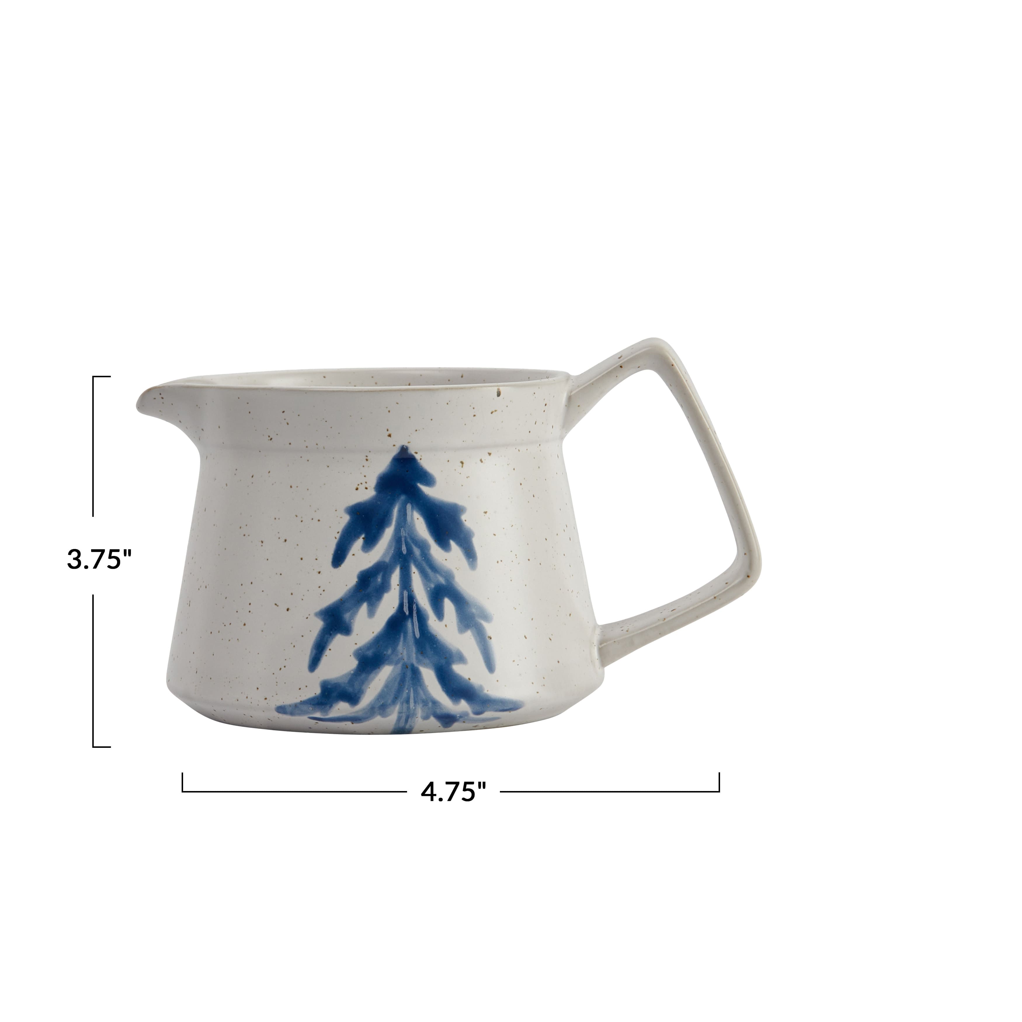 Hello Honey® Antique White & Blue Farmhouse Stoneware Creamer with Hand Painted Tree