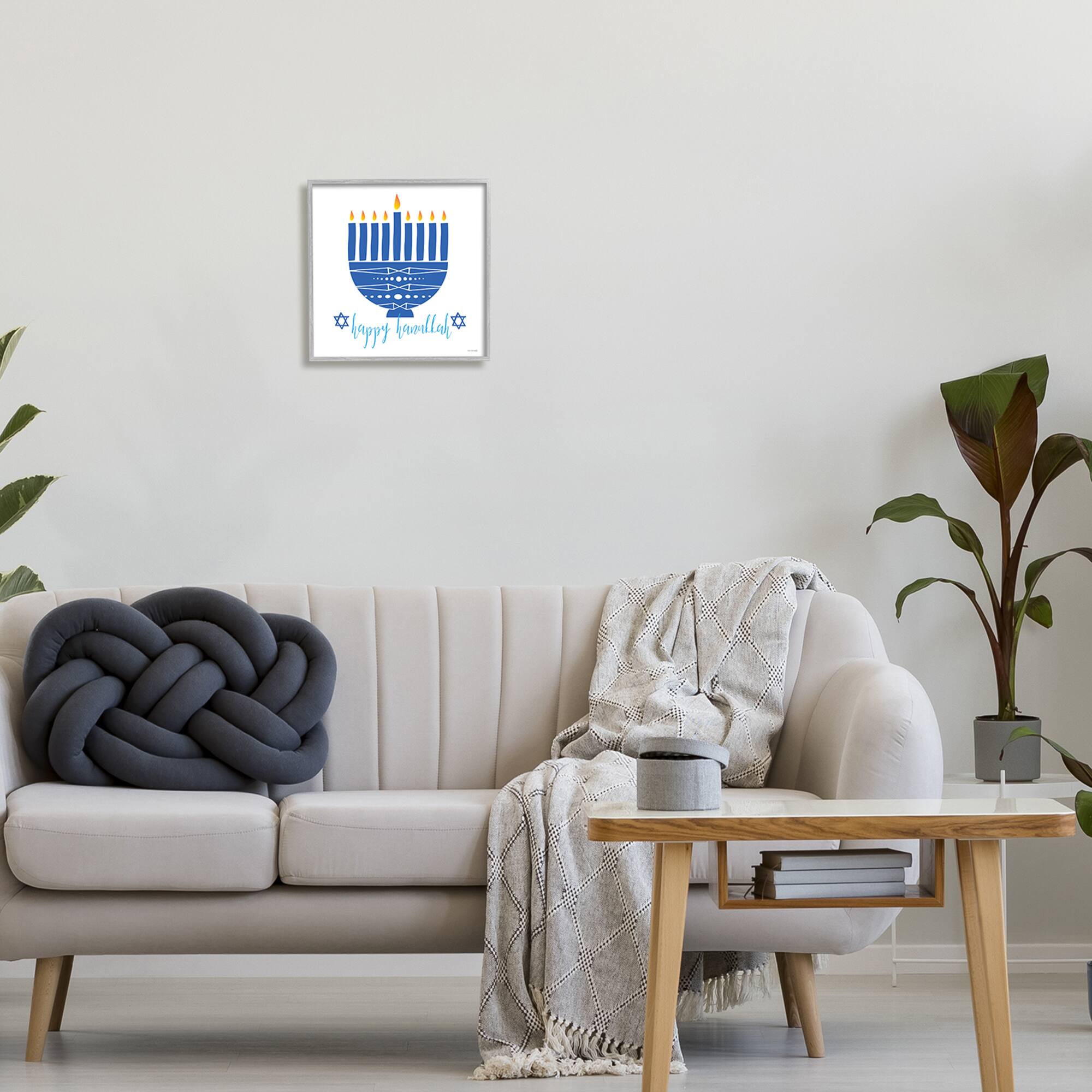 Stupell Industries Happy Hanukkah Patterned Blue Menorah Framed Giclee Art