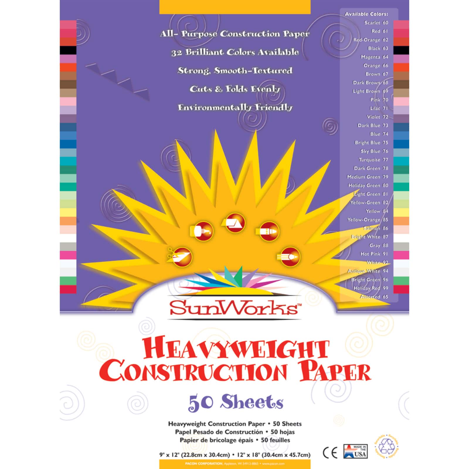 Pacon® SunWorks® 12" x 18" Assorted Color Construction Paper, 50ct.