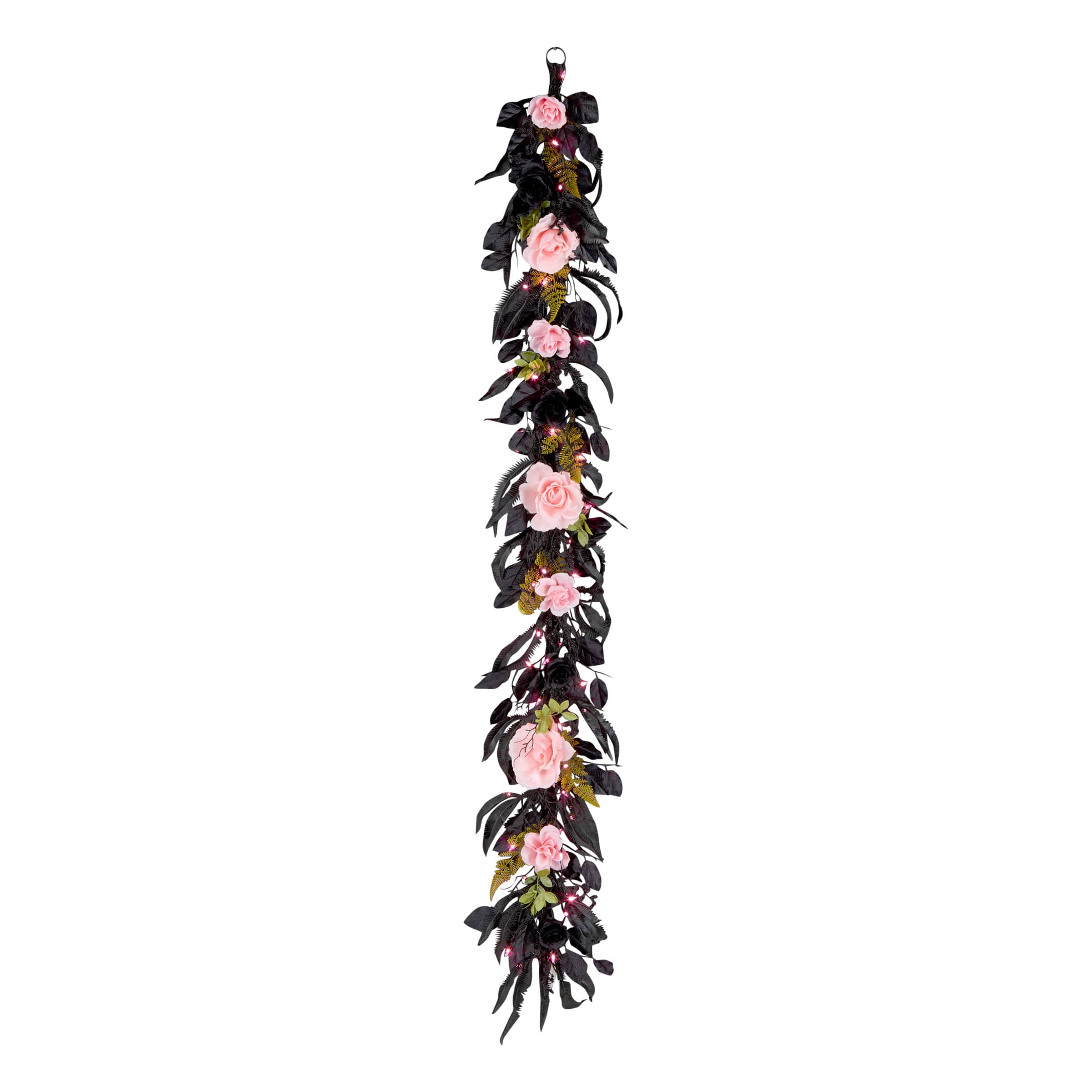 6ft. Cute &#x26; Creepy Pink &#x26; Black Halloween Flower Pre-Lit LED Garland