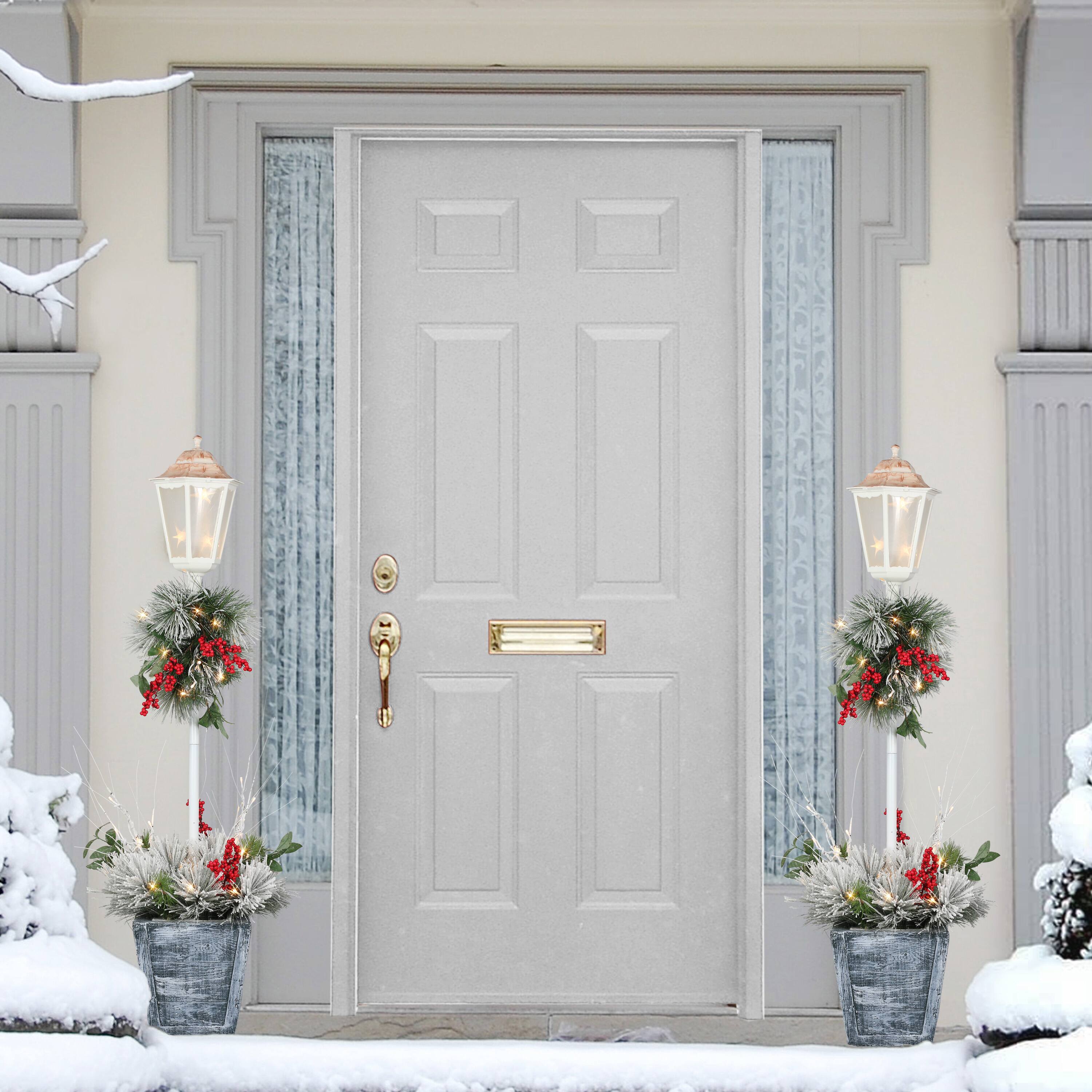 4ft. Pre-Lit Flocked Artificial Pine Lamp Post, Warm White LED Lights