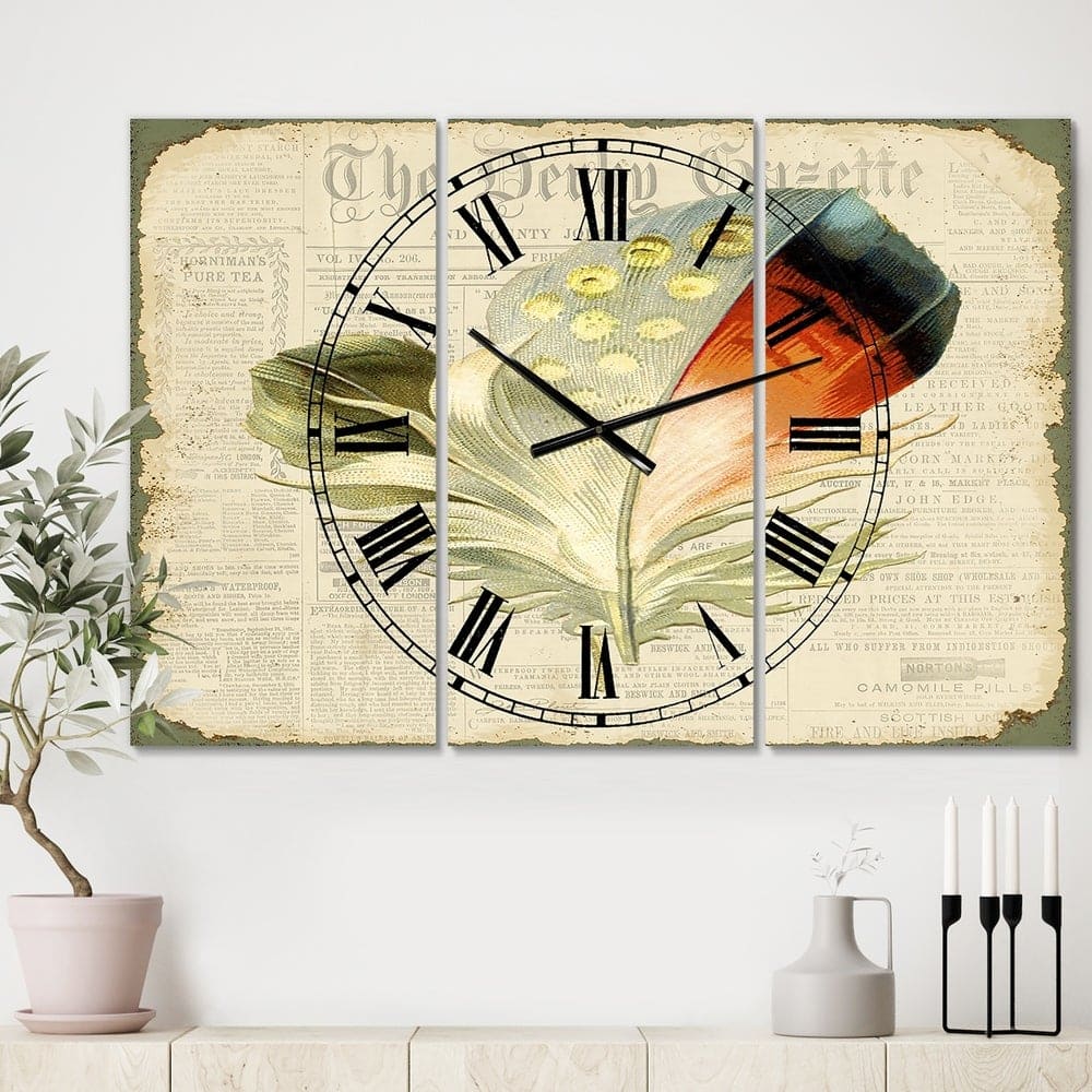 Designart Colorful Elegant Feather On Old Style Newspaper IV Multipanel Wall Clock