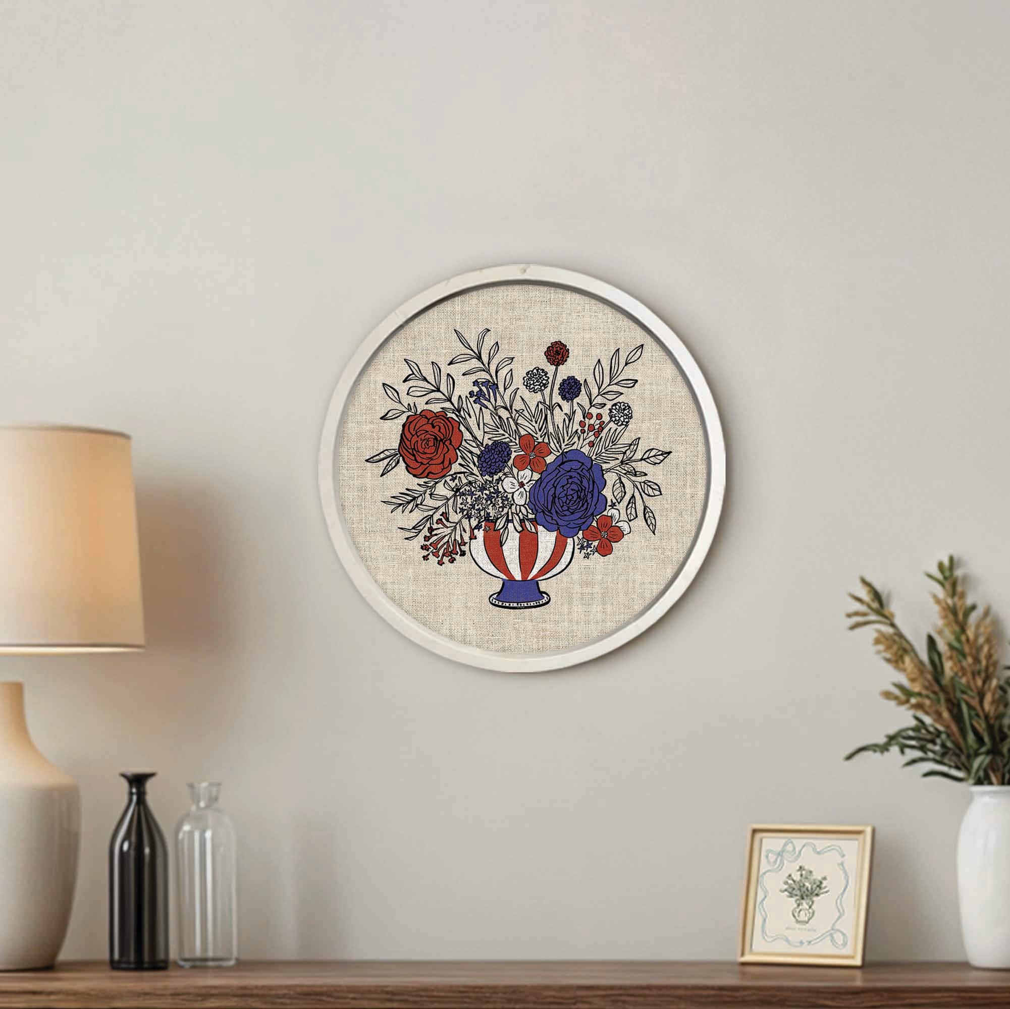 20&#x22; x 20&#x22; Red, White &#x26; Blue Florals Round Framed Print