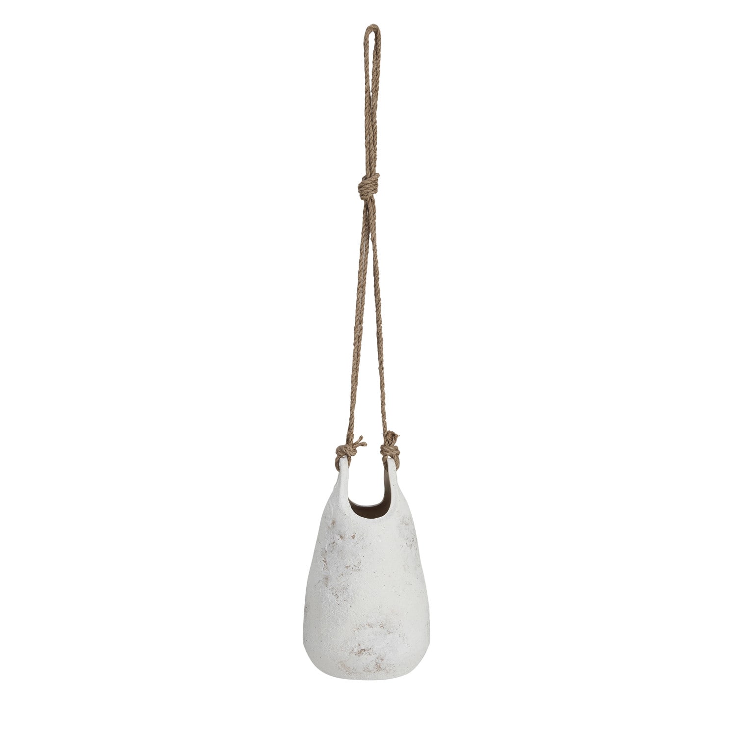 Hello Honey® 12.25" White Distressed Volcano Finish Stoneware Hanging Planter with Jute Rope Hanger